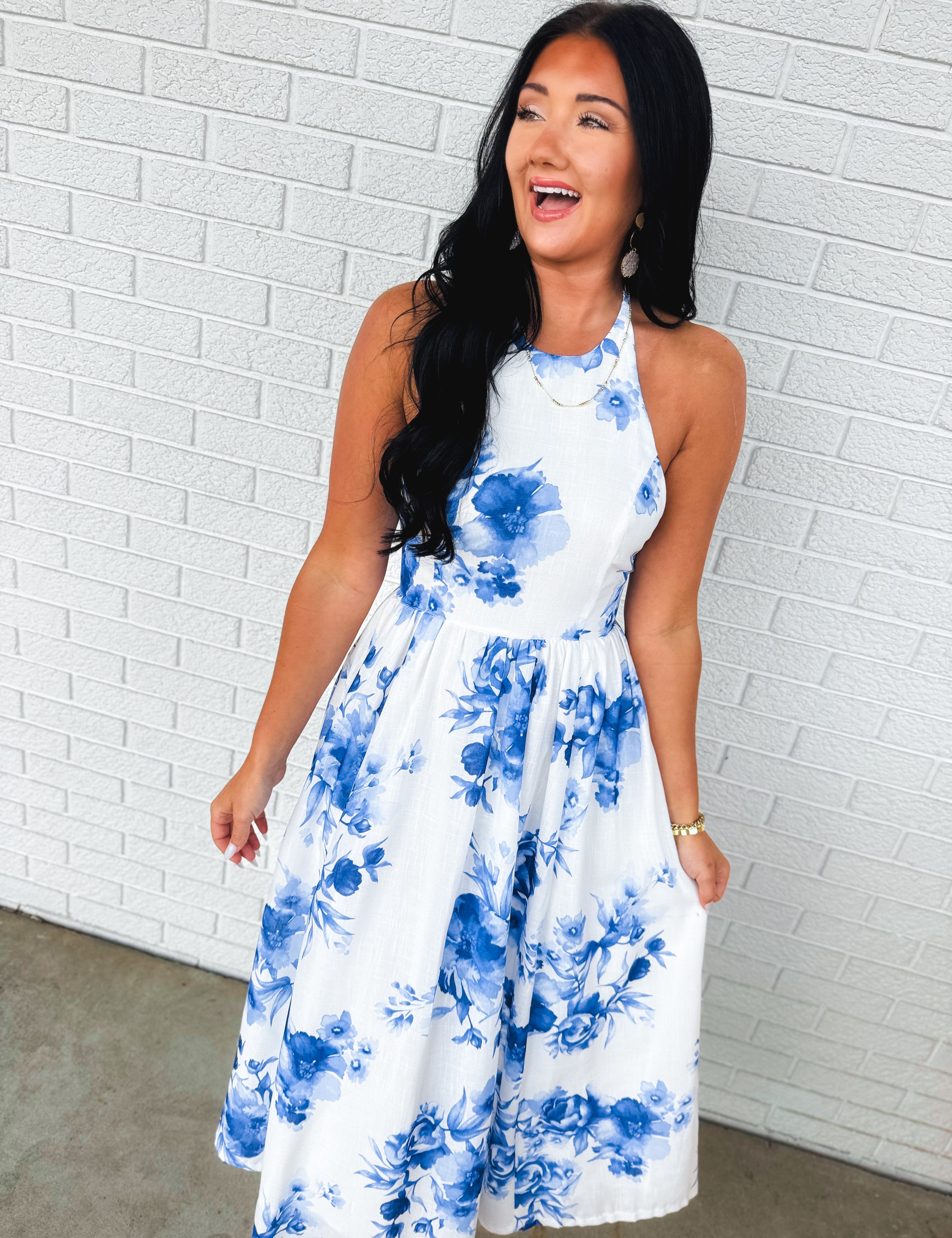 Floral Print High Neck Halter Midi Dress - Blue - Lace and Grace Boutique
