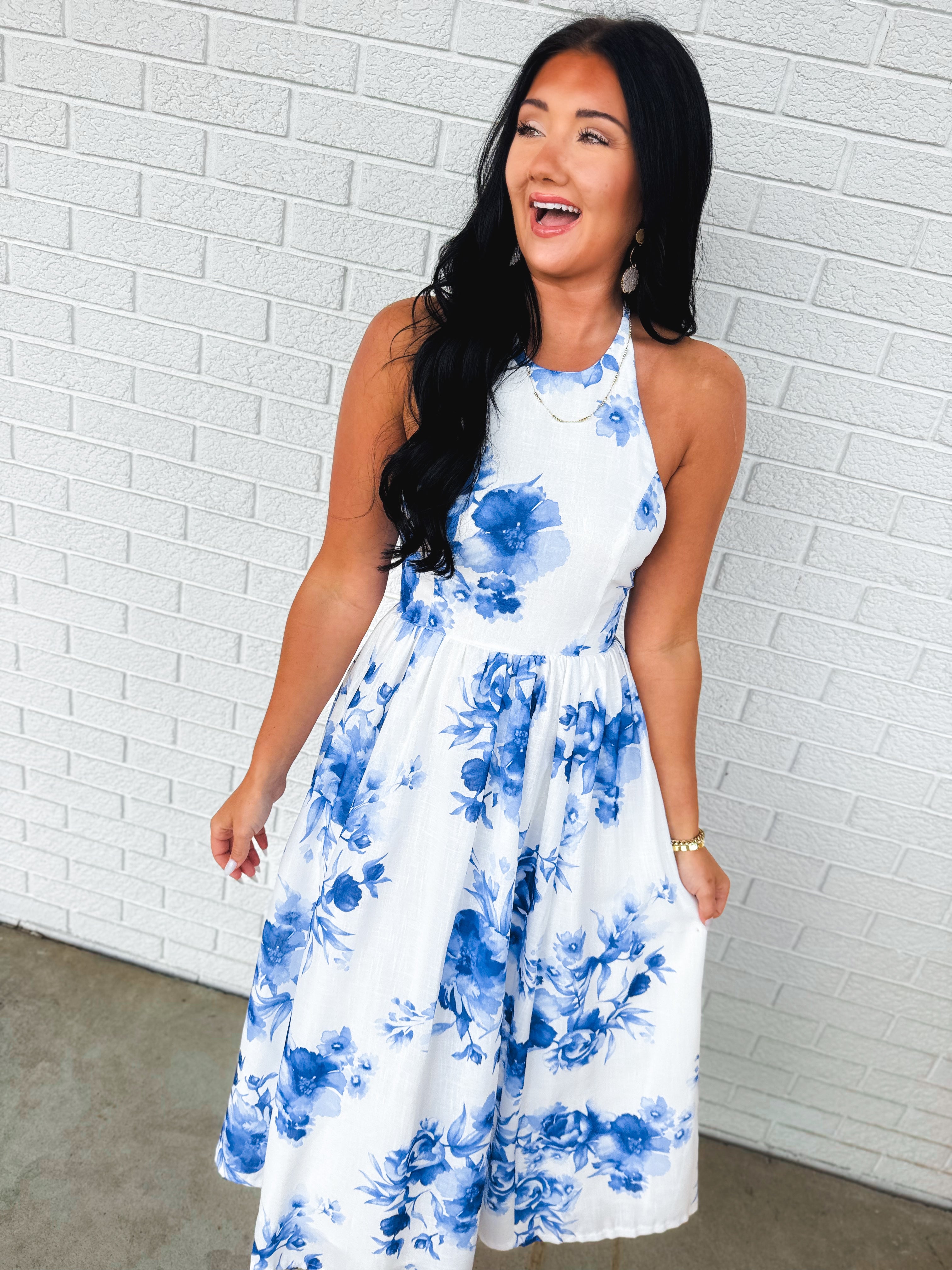 Floral Print High Neck Halter Midi Dress - Blue - Lace and Grace Boutique