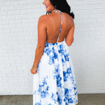 Floral Print High Neck Halter Midi Dress - Blue - Lace and Grace Boutique