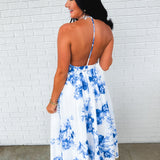 Floral Print High Neck Halter Midi Dress - Blue - Lace and Grace Boutique