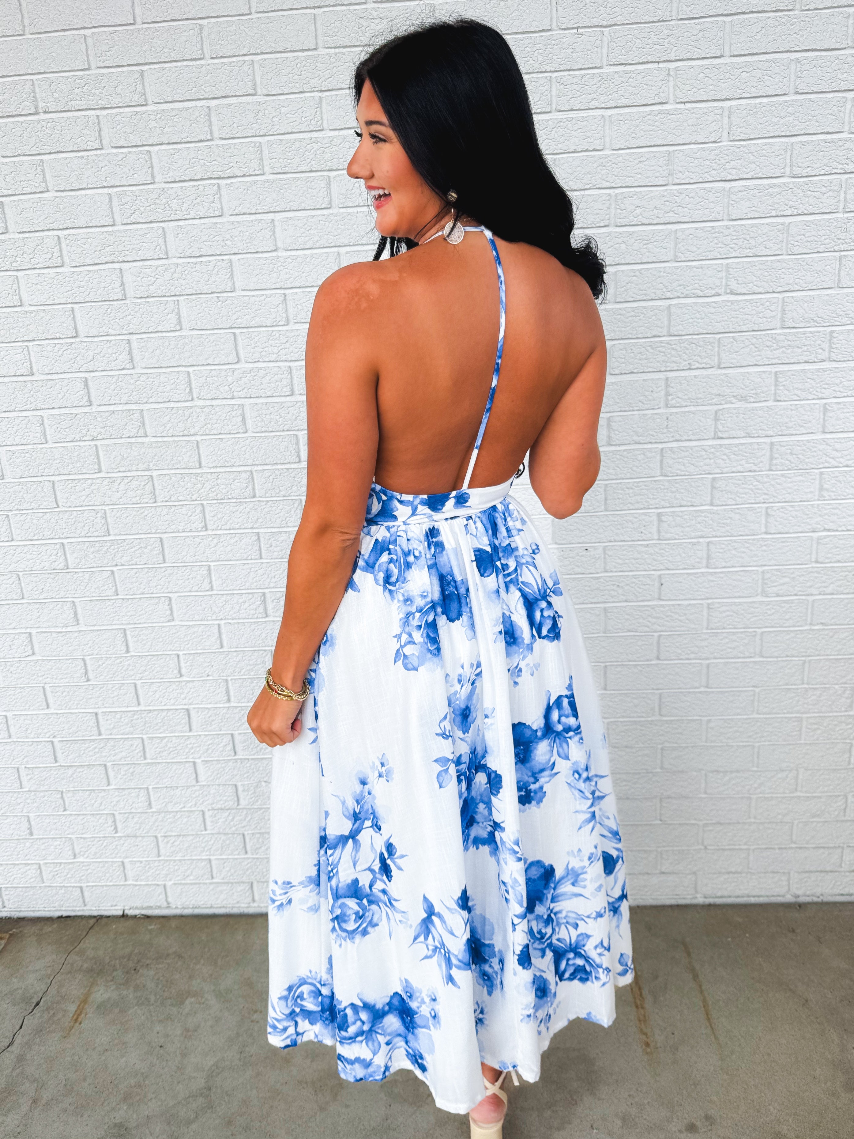 Floral Print High Neck Halter Midi Dress - Blue - Lace and Grace Boutique