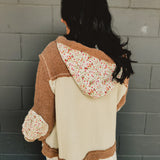 POL Balloon Sleeve Quilted Floral Knit Hoodie Jacket - Oat/Chocolate