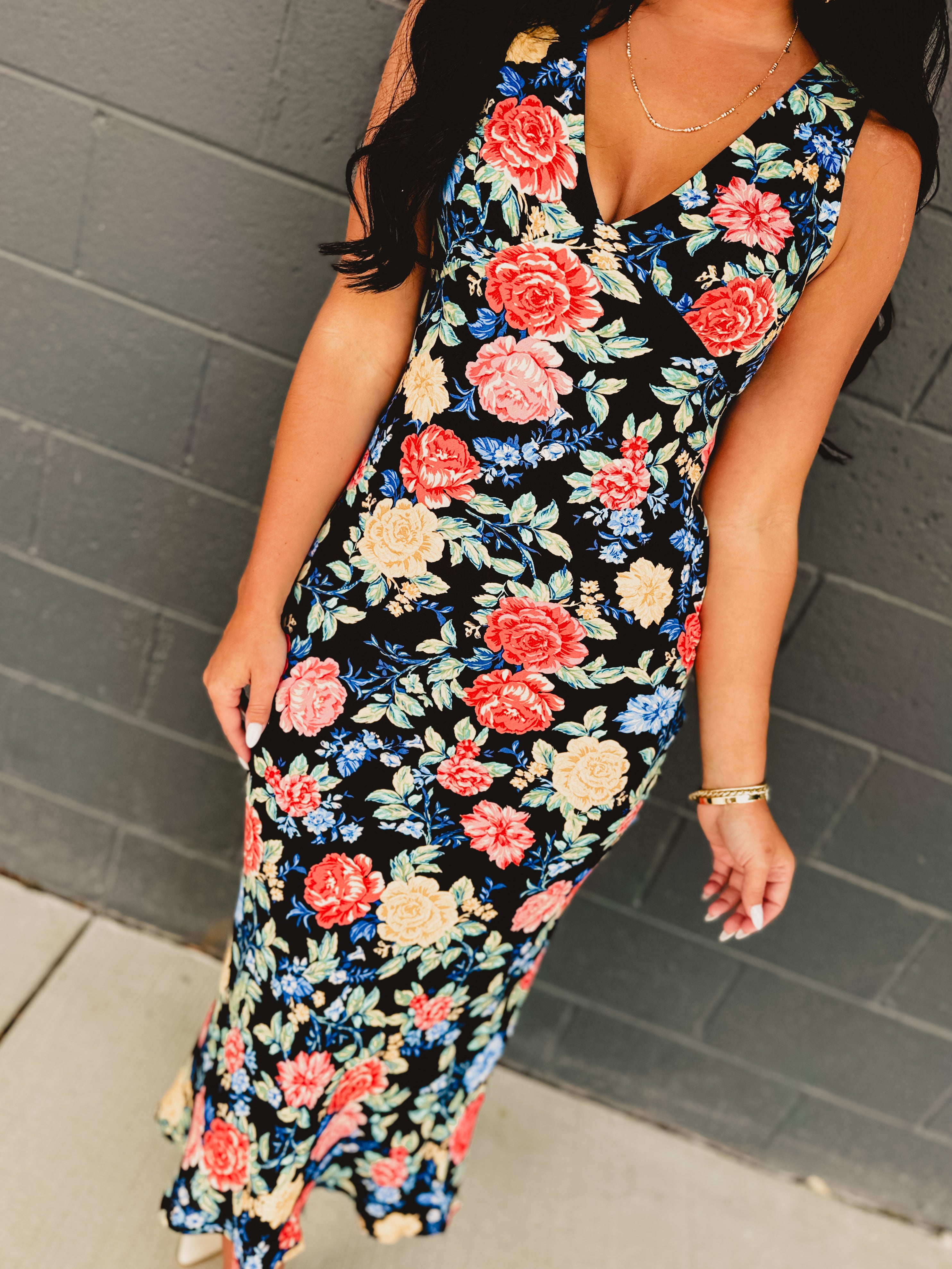Floral Plunging Tie Back Maxi Dress - Summer Nights - Lace and Grace Boutique