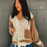 POL Balloon Sleeve Quilted Floral Knit Hoodie Jacket - Oat/Chocolate
