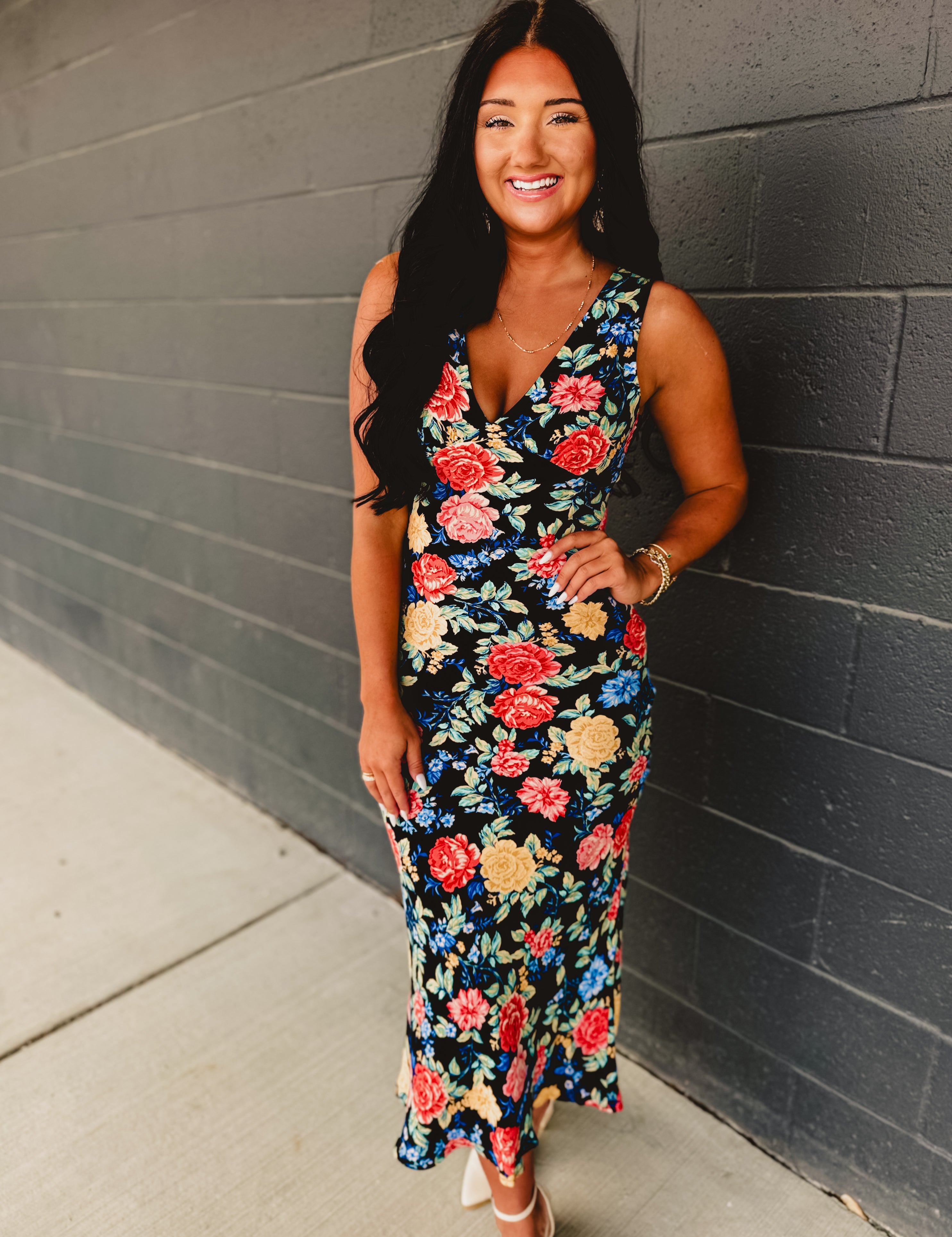 Floral Plunging Tie Back Maxi Dress - Summer Nights - Lace and Grace Boutique