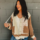 POL Balloon Sleeve Quilted Floral Knit Hoodie Jacket - Oat/Chocolate