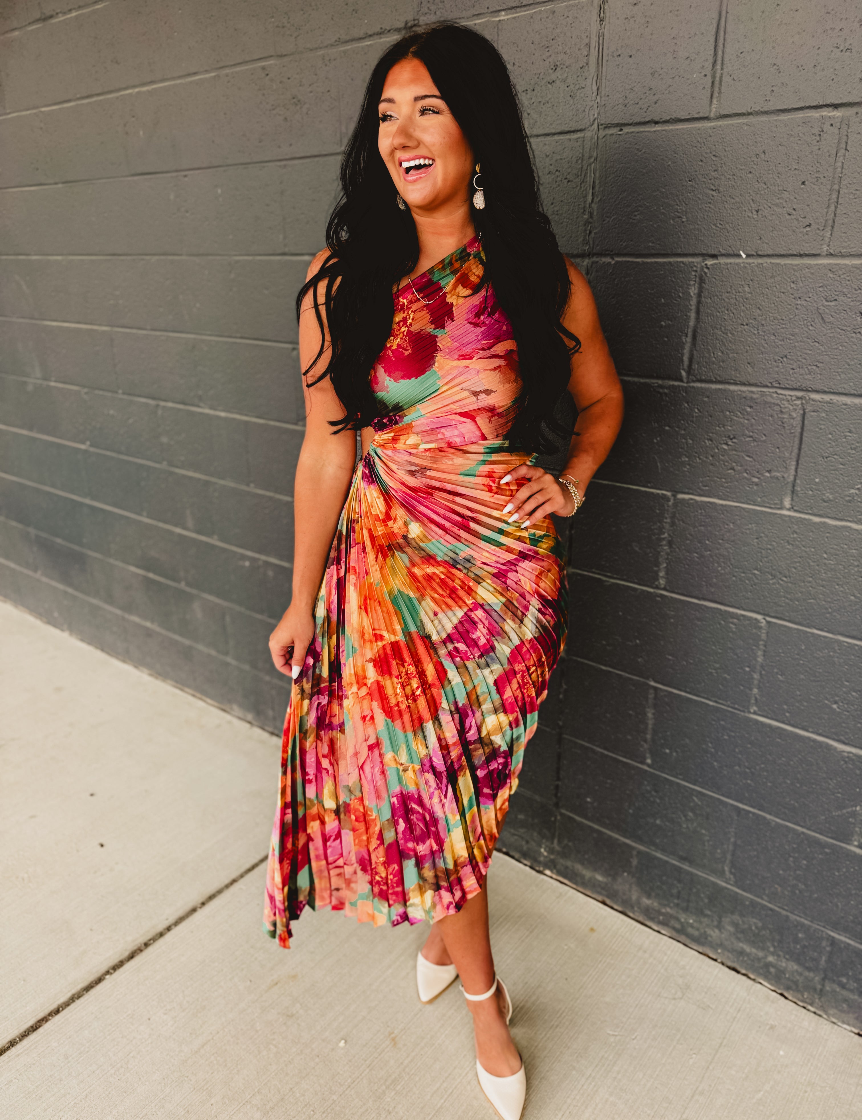 One Shoulder Asymmetrical Pleated Maxi Dress - Parisian Floral - Lace and Grace Boutique