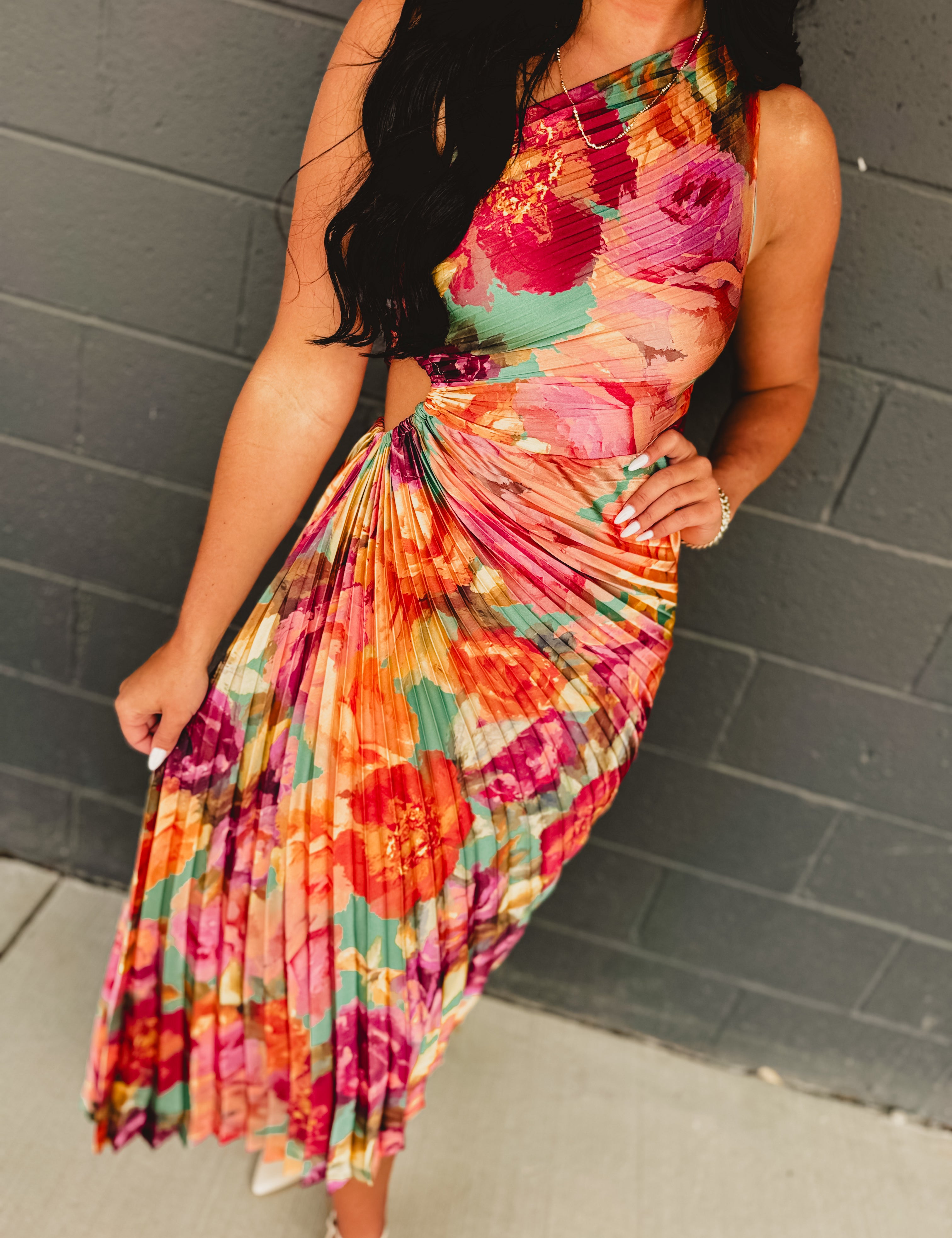 One Shoulder Asymmetrical Pleated Maxi Dress - Parisian Floral - Lace and Grace Boutique