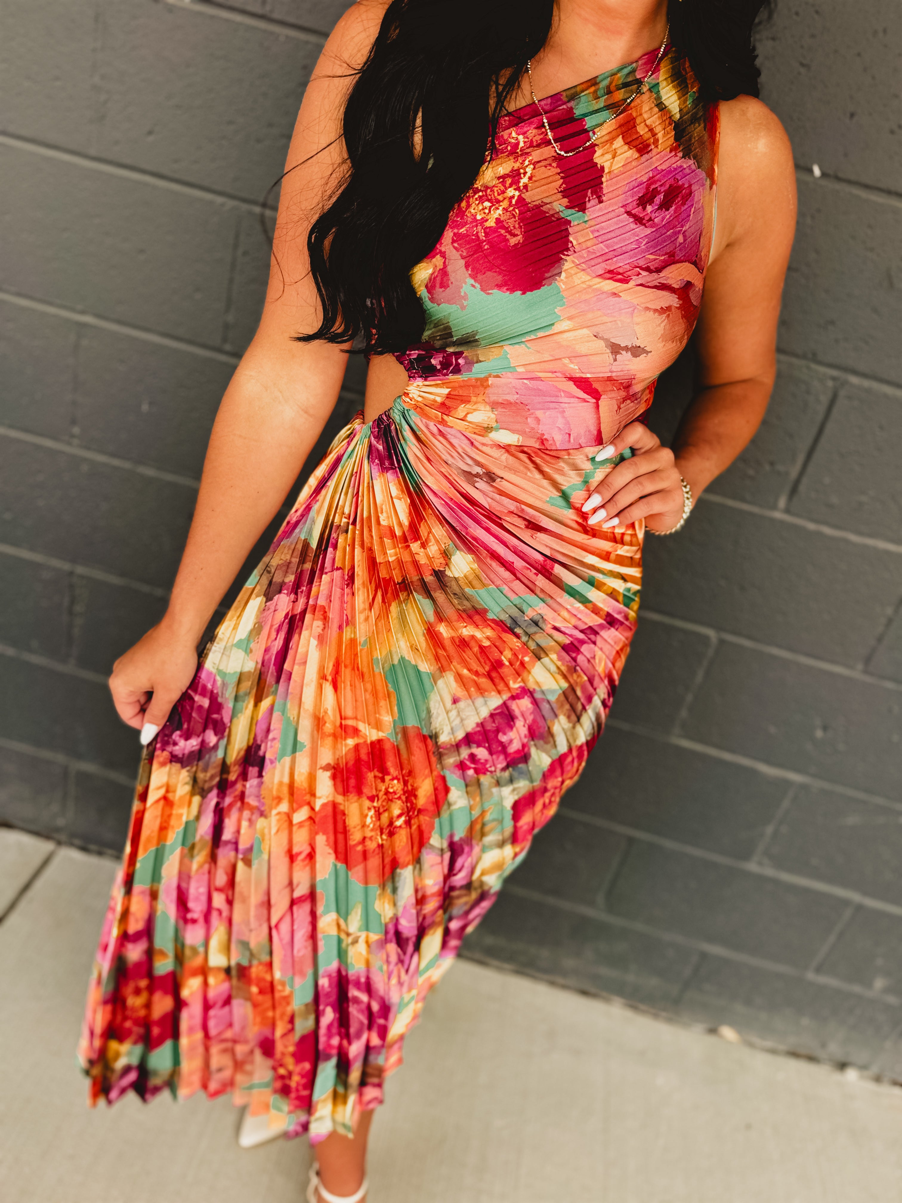 One Shoulder Asymmetrical Pleated Maxi Dress - Parisian Floral - Lace and Grace Boutique