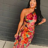 One Shoulder Asymmetrical Pleated Maxi Dress - Parisian Floral - Lace and Grace Boutique