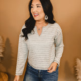 Striped Split neck Long Sleeve Marbled Top - Mocha - Lace and Grace Boutique