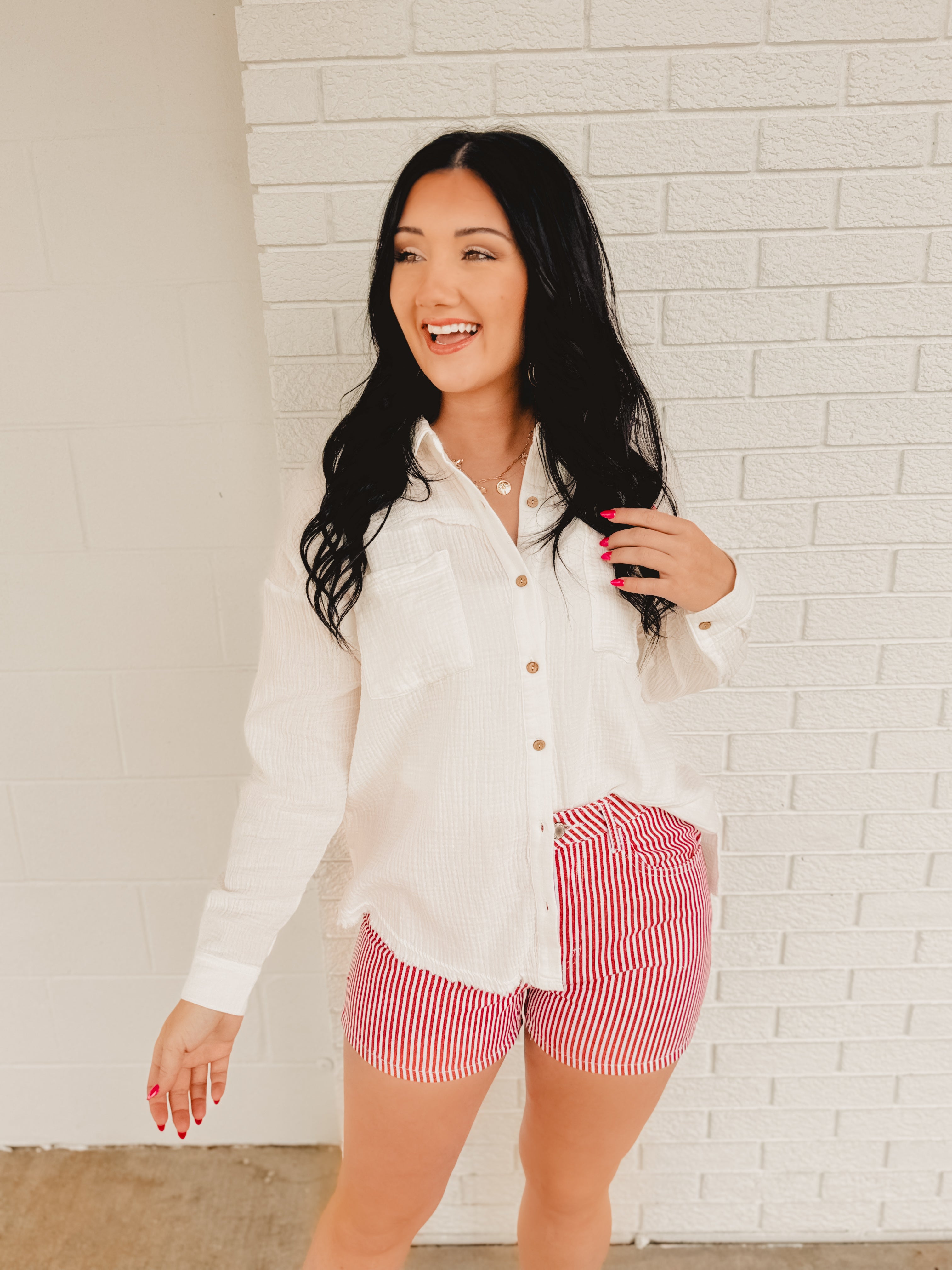 Washed Gauze Button Down Shirt - White - Lace and Grace Boutique