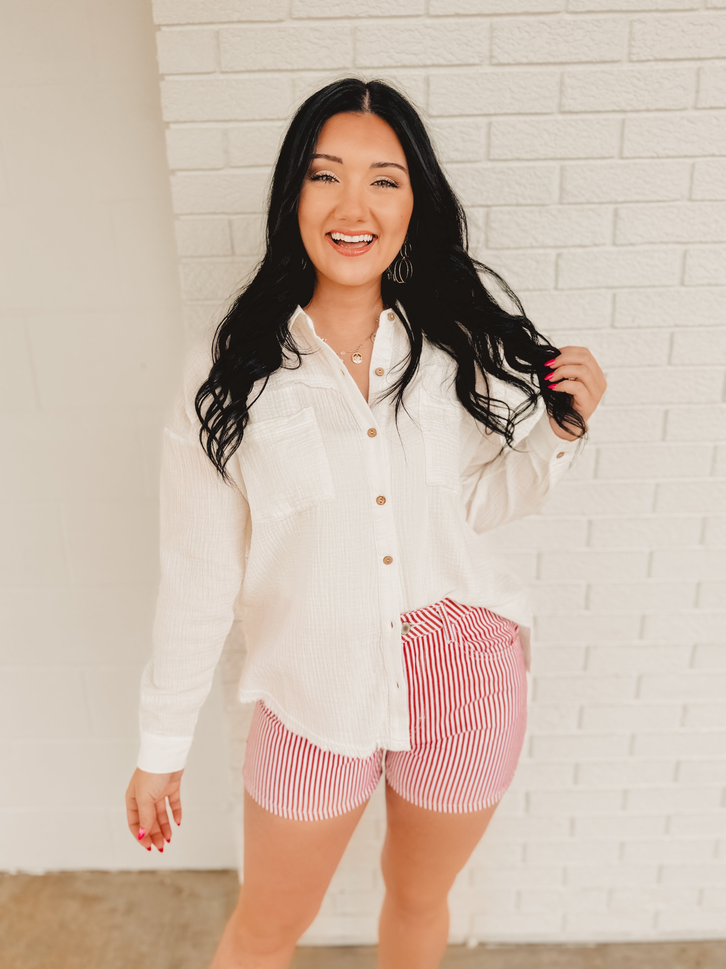 Washed Gauze Button Down Shirt - White - Lace and Grace Boutique