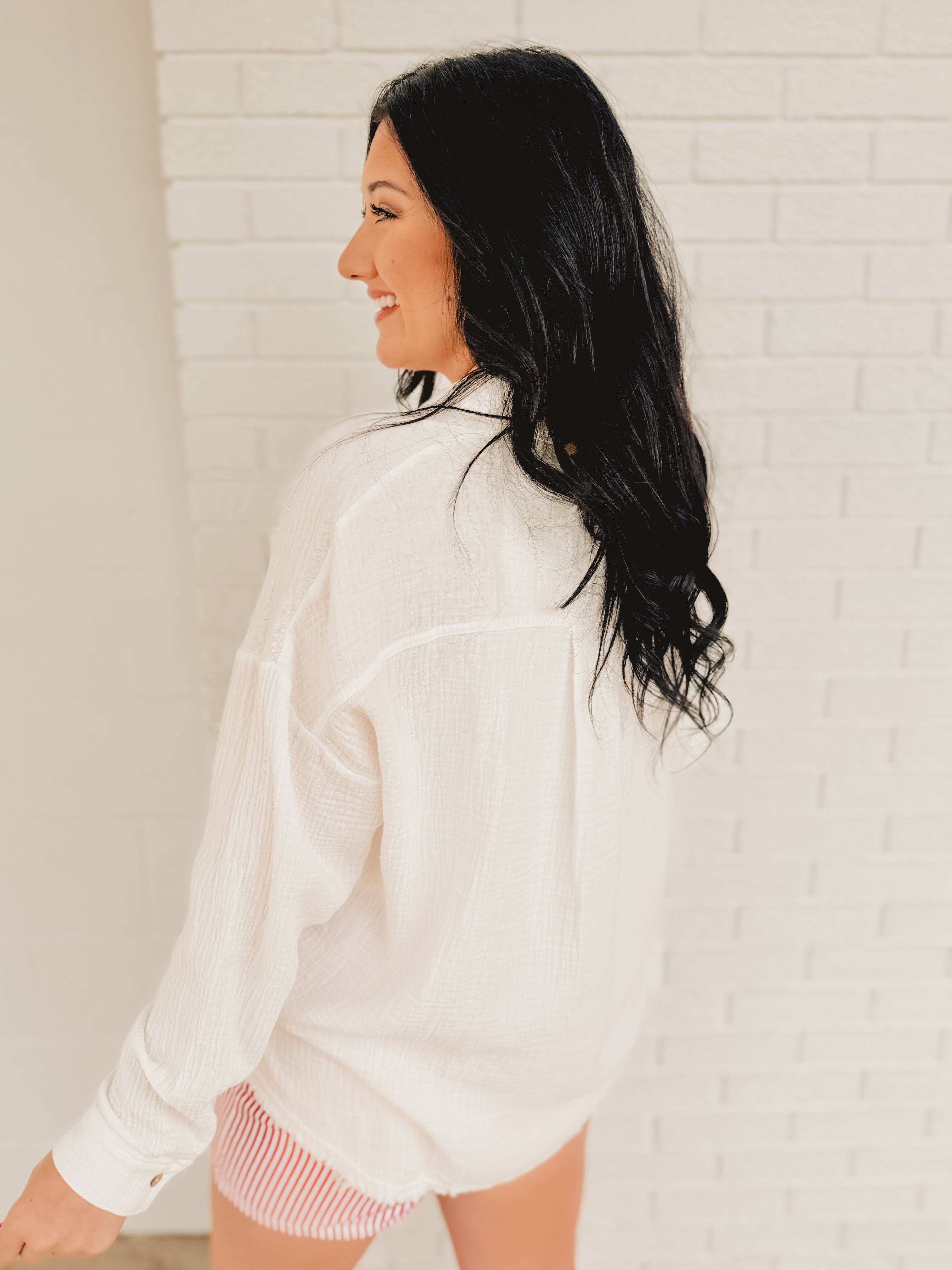 Washed Gauze Button Down Shirt - White - Lace and Grace Boutique