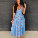 Polka Dot Printed Halter Neck Midi Dress - Light Blue - Lace and Grace Boutique