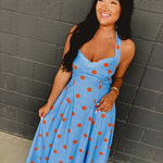 Polka Dot Printed Halter Neck Midi Dress - Light Blue - Lace and Grace Boutique
