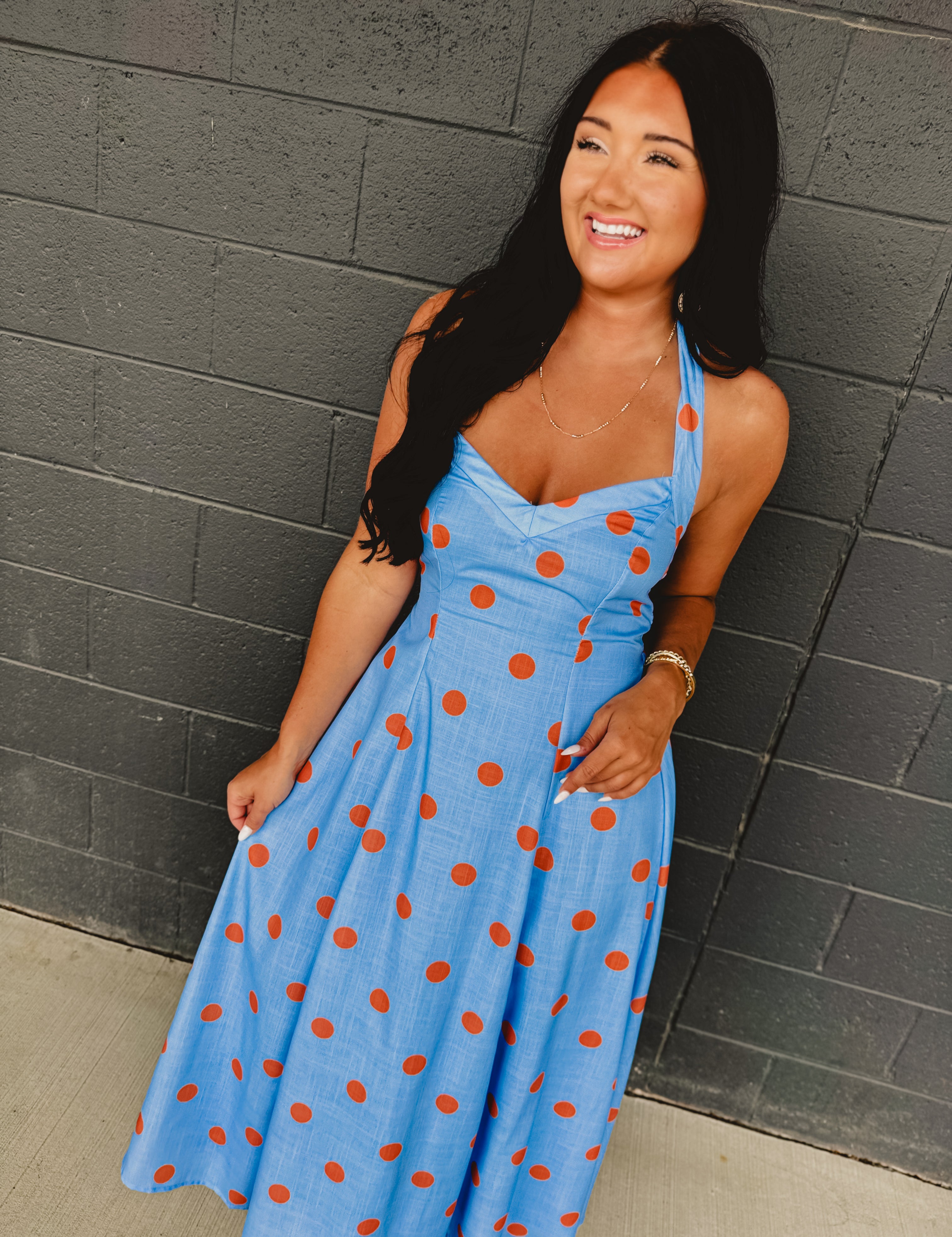 Polka Dot Printed Halter Neck Midi Dress - Light Blue - Lace and Grace Boutique