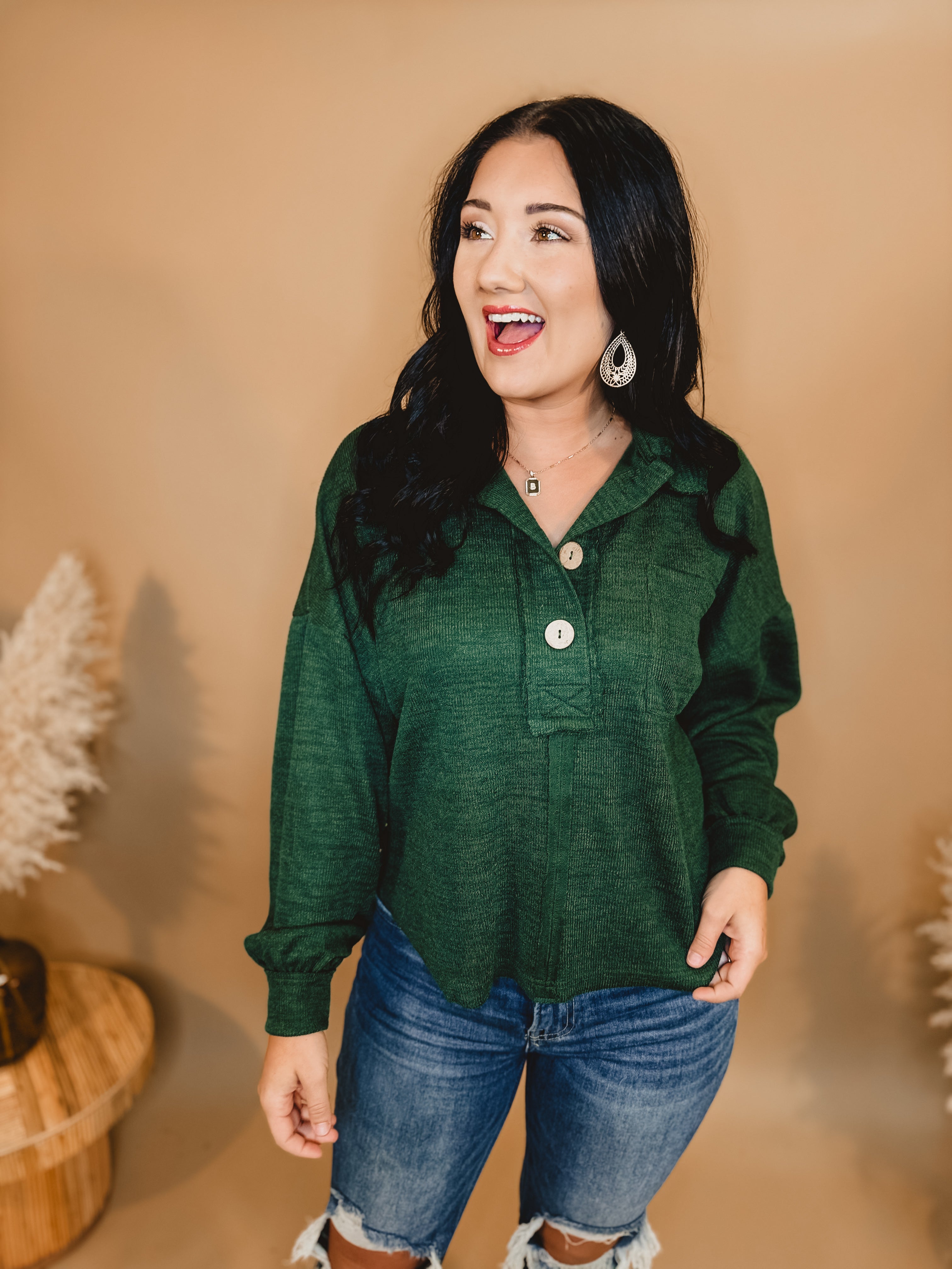 Chunky Button Down Relaxed Fit Top - Forest Green - Lace and Grace Boutique