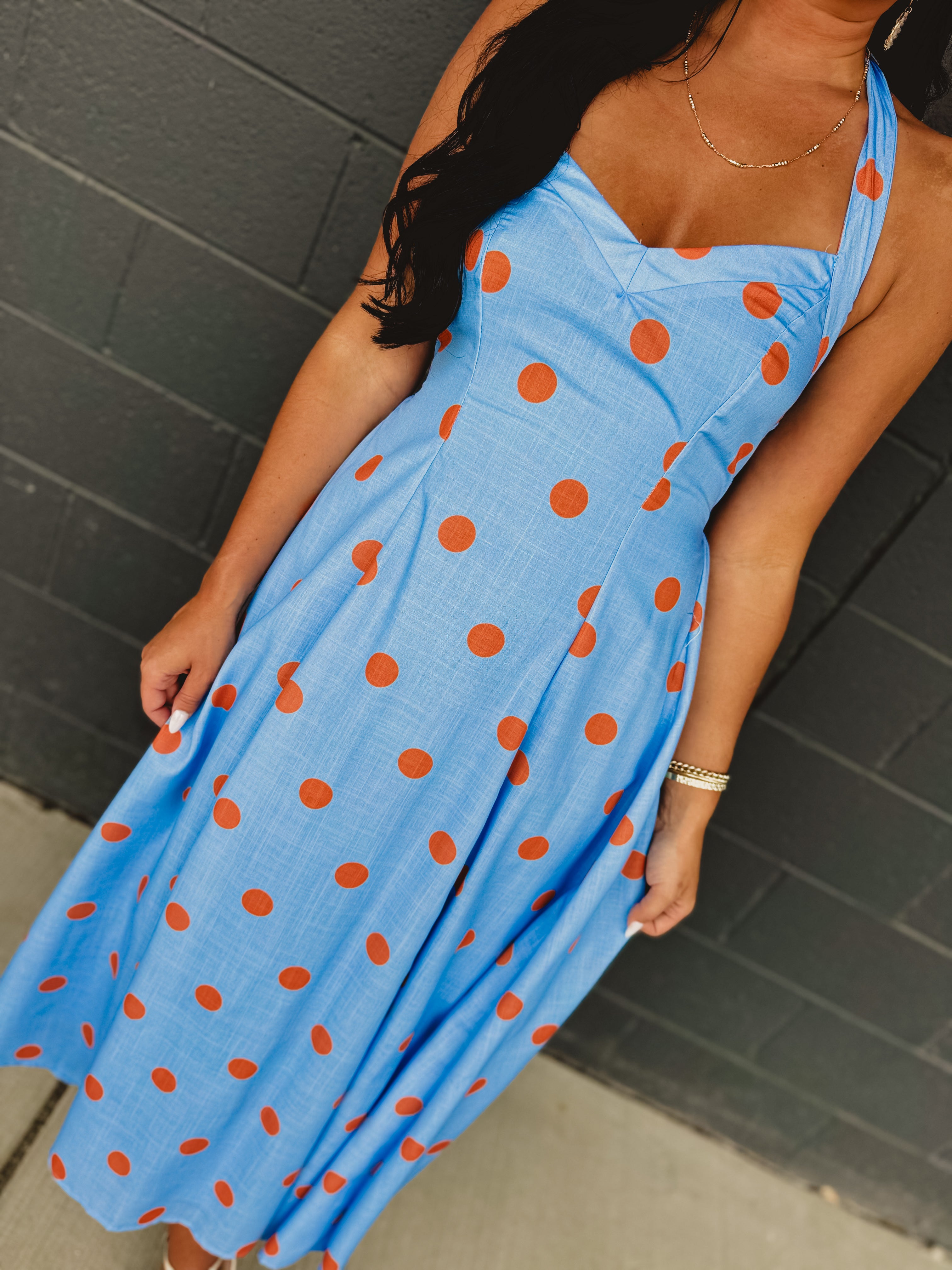Polka Dot Printed Halter Neck Midi Dress - Light Blue - Lace and Grace Boutique