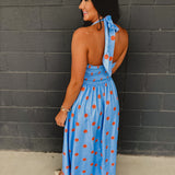 Polka Dot Printed Halter Neck Midi Dress - Light Blue - Lace and Grace Boutique