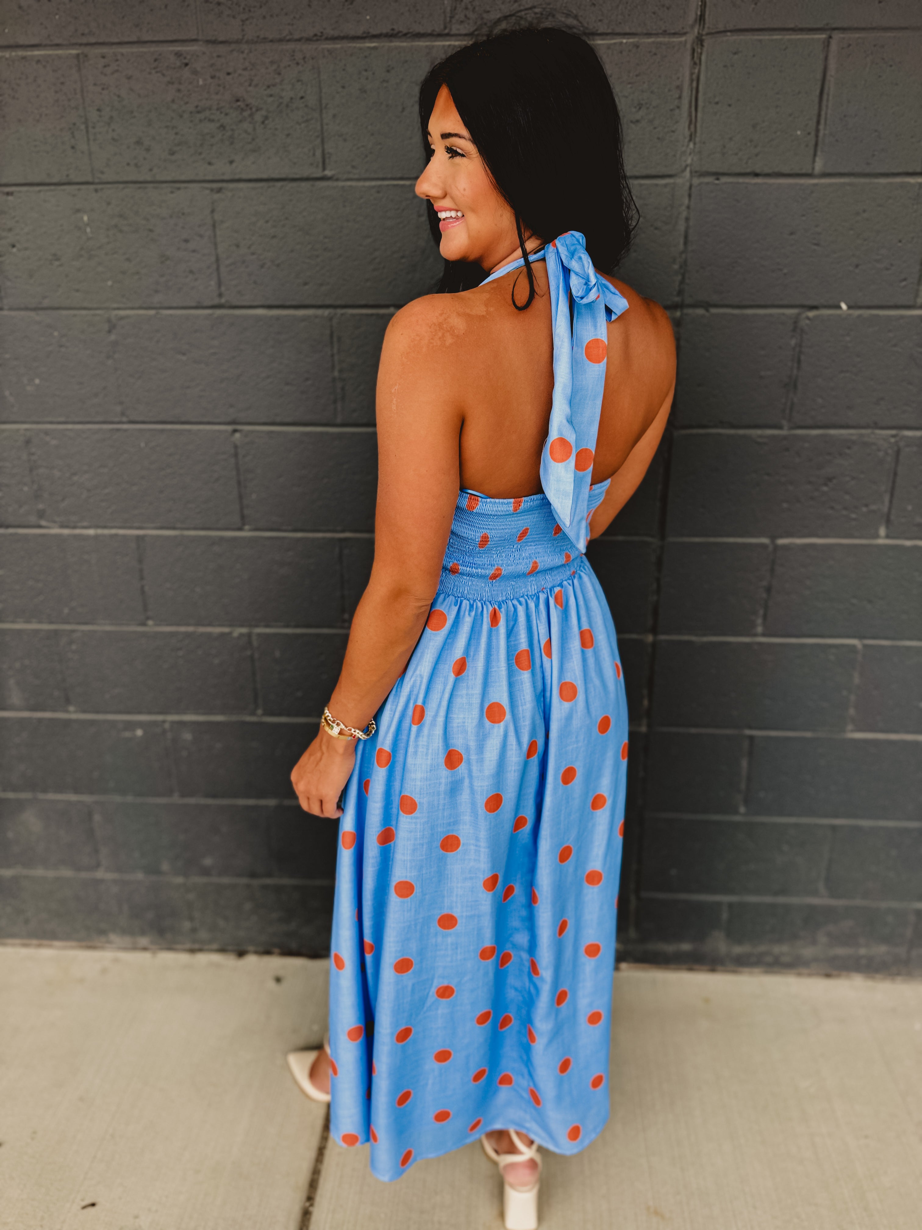 Polka Dot Printed Halter Neck Midi Dress - Light Blue - Lace and Grace Boutique