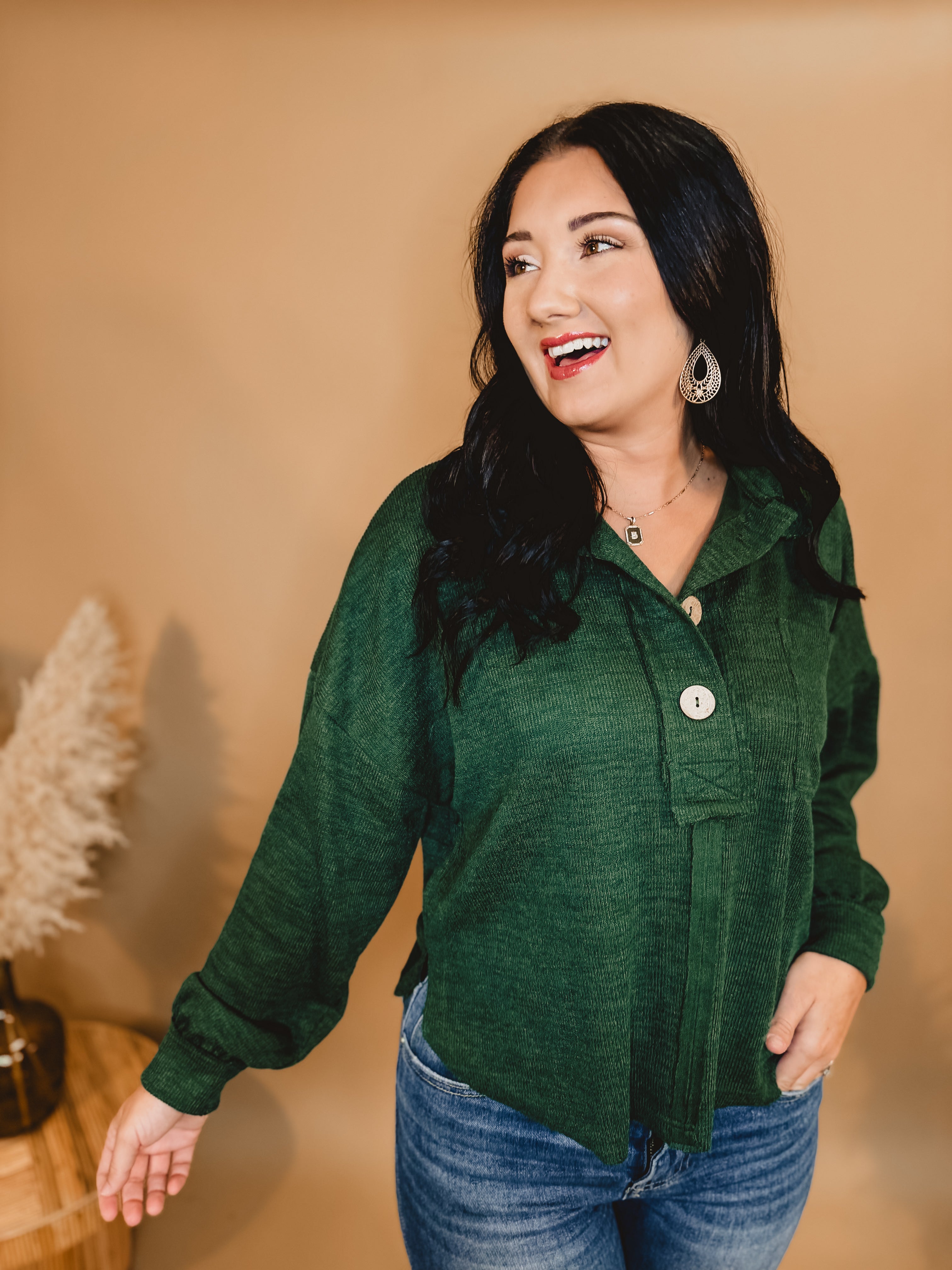 Chunky Button Down Relaxed Fit Top - Forest Green - Lace and Grace Boutique