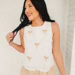 Palm Tree Embroidery Linen Tank Top - White - Lace and Grace Boutique