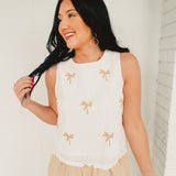 Palm Tree Embroidery Linen Tank Top - White - Lace and Grace Boutique