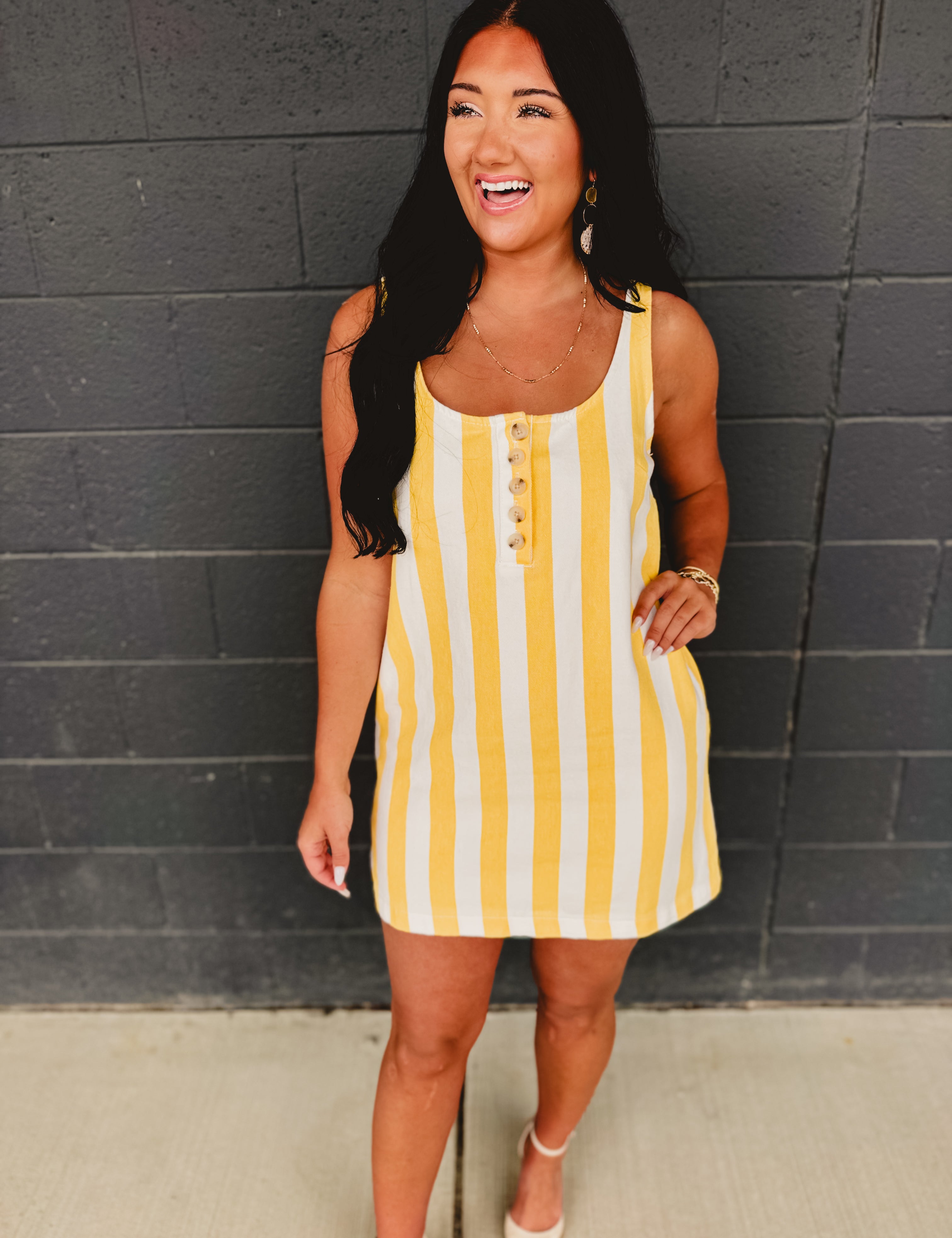 Cotton Striped Mini Tank Dress - Lemon/White - Lace and Grace Boutique