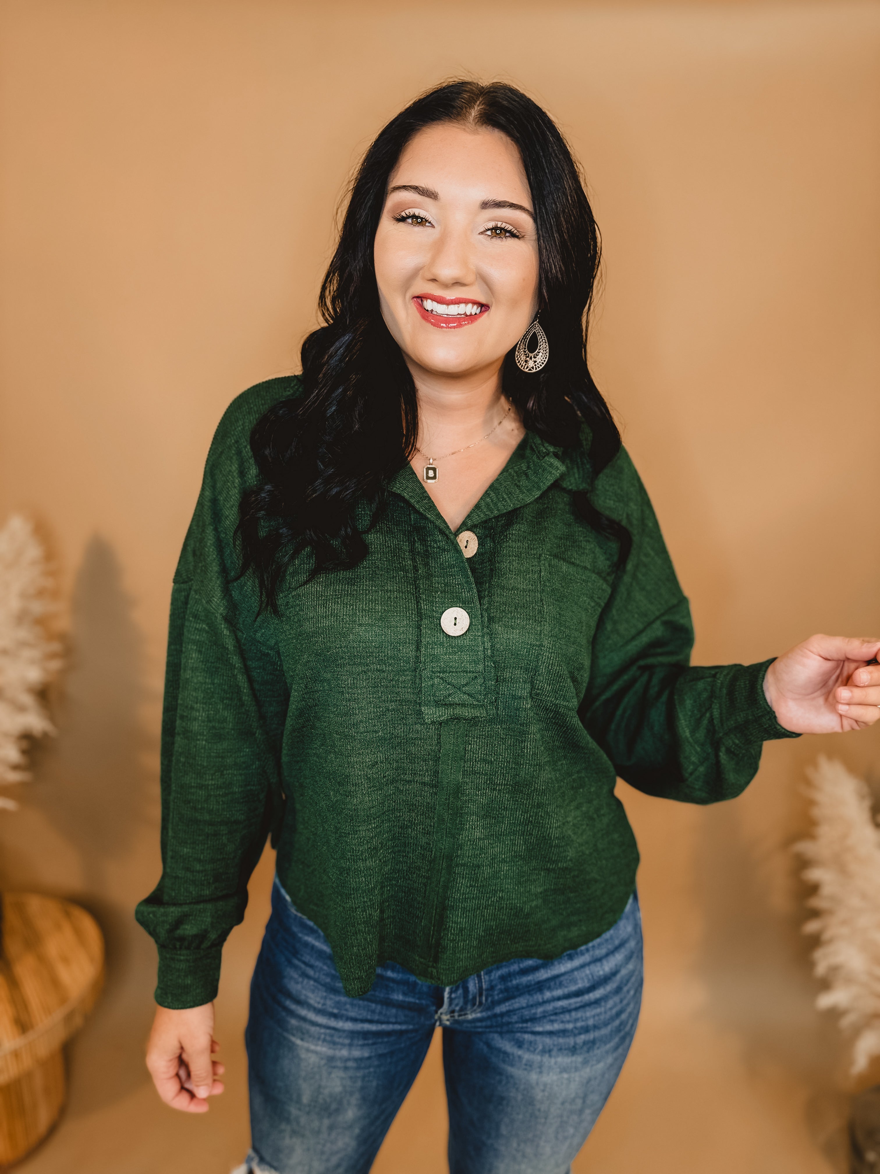 Chunky Button Down Relaxed Fit Top - Forest Green - Lace and Grace Boutique