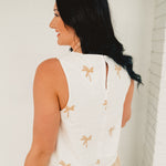 Palm Tree Embroidery Linen Tank Top - White - Lace and Grace Boutique