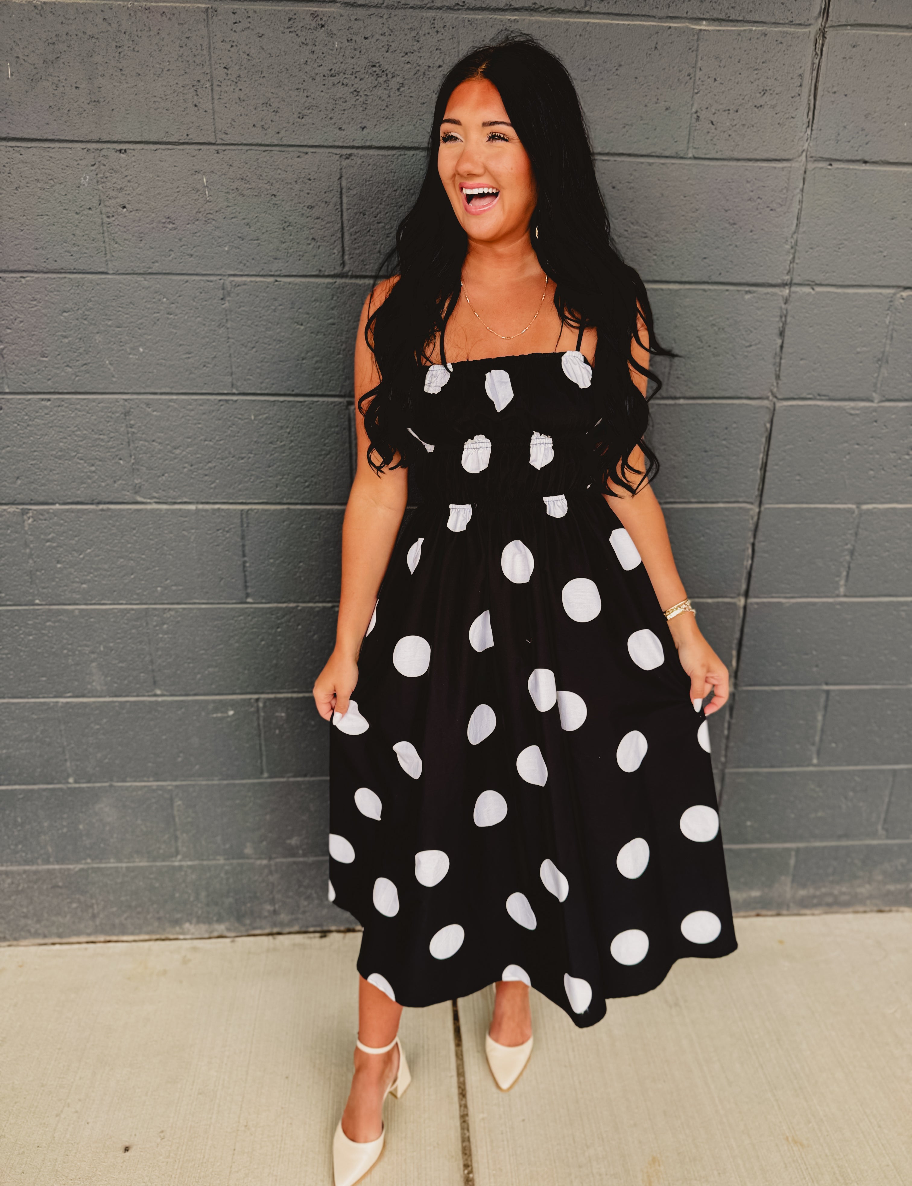 Polka Dot Printed Woven Midi Dress - Black - Lace and Grace Boutique