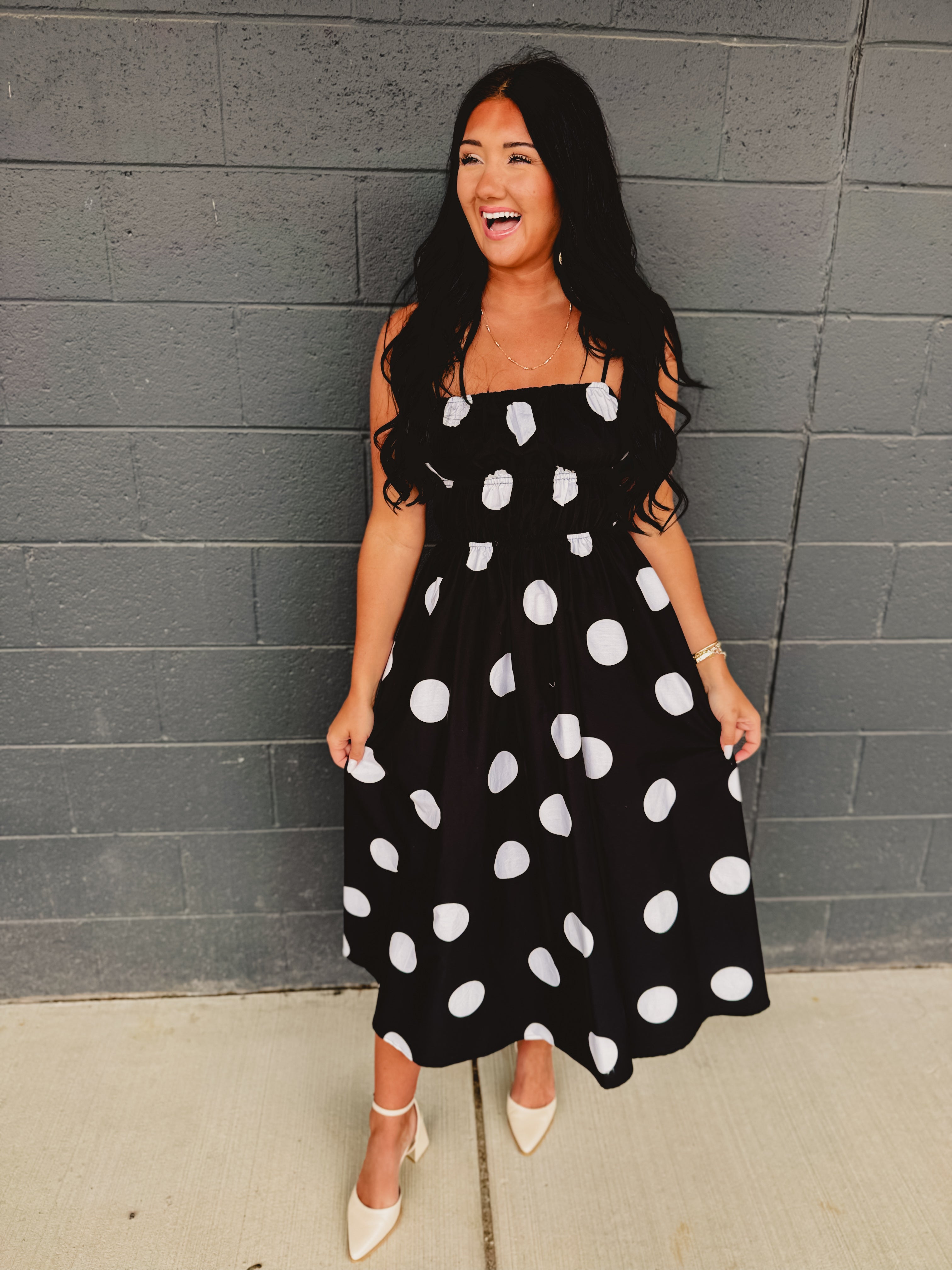 Polka Dot Printed Woven Midi Dress - Black - Lace and Grace Boutique