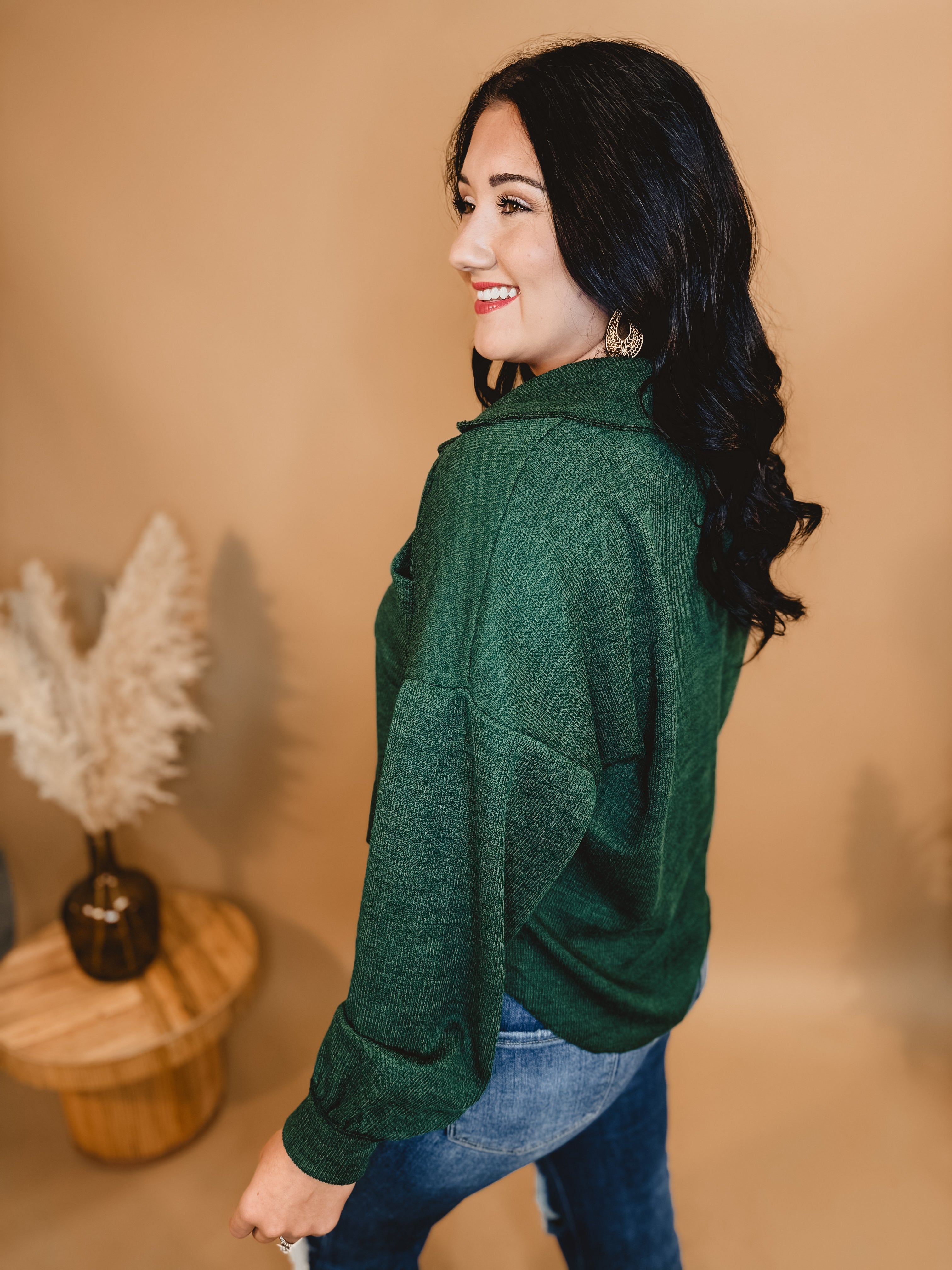 Chunky Button Down Relaxed Fit Top - Forest Green - Lace and Grace Boutique