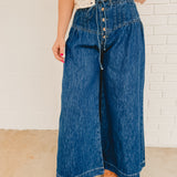 Mineral Washed Pintuck Wide Leg Pants - Dark Denim - Lace and Grace Boutique