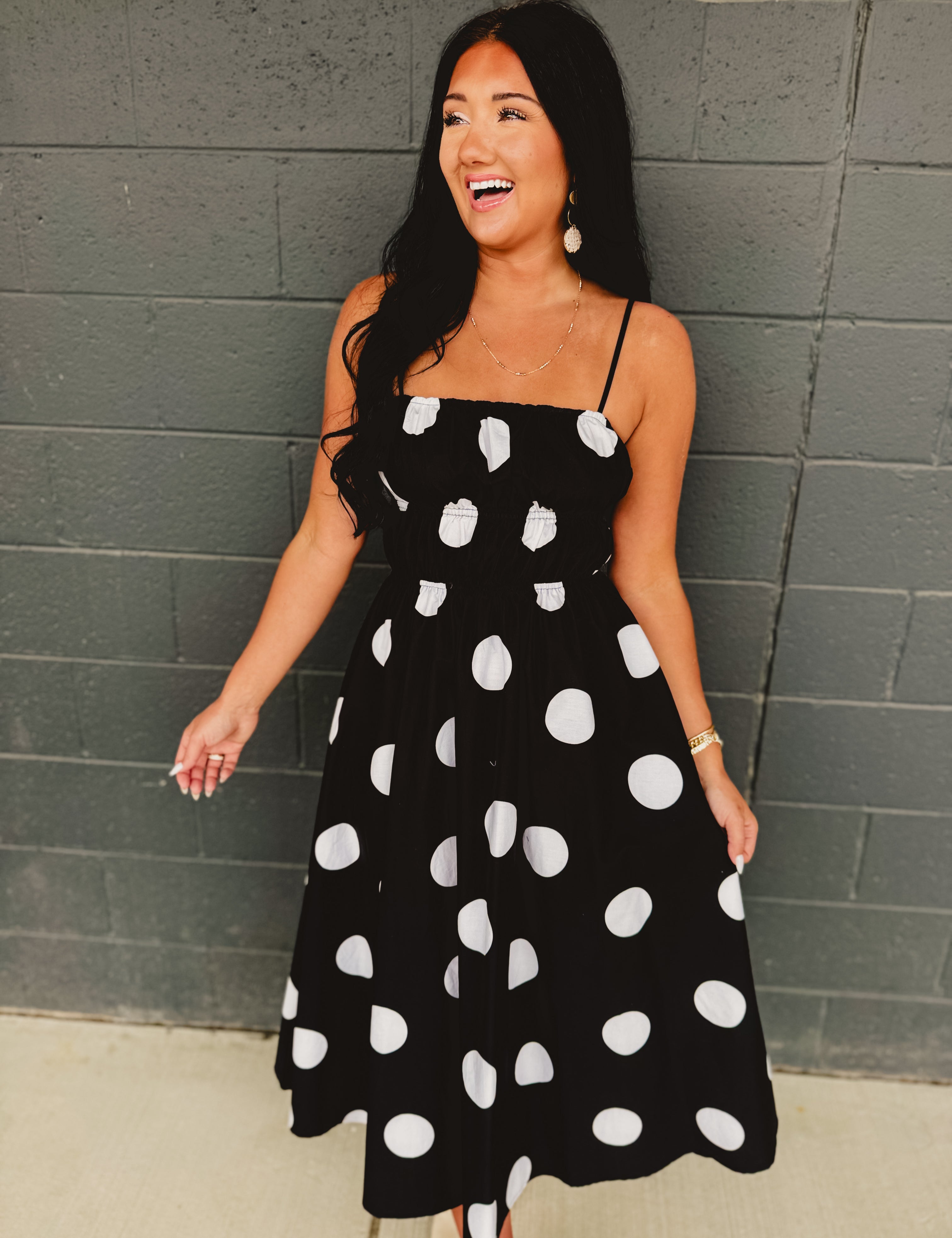 Polka Dot Printed Woven Midi Dress - Black - Lace and Grace Boutique