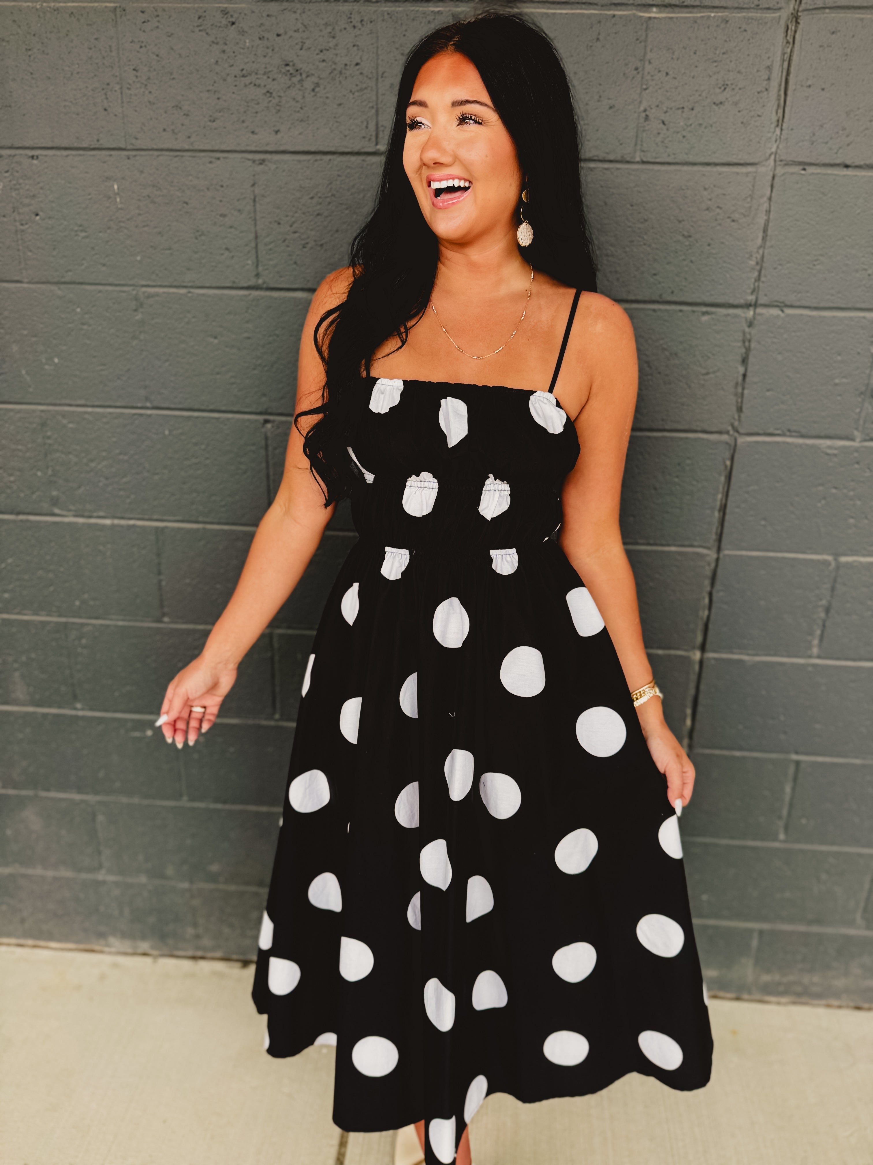 Polka Dot Printed Woven Midi Dress - Black - Lace and Grace Boutique