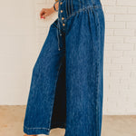 Mineral Washed Pintuck Wide Leg Pants - Dark Denim - Lace and Grace Boutique