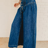 Mineral Washed Pintuck Wide Leg Pants - Dark Denim - Lace and Grace Boutique