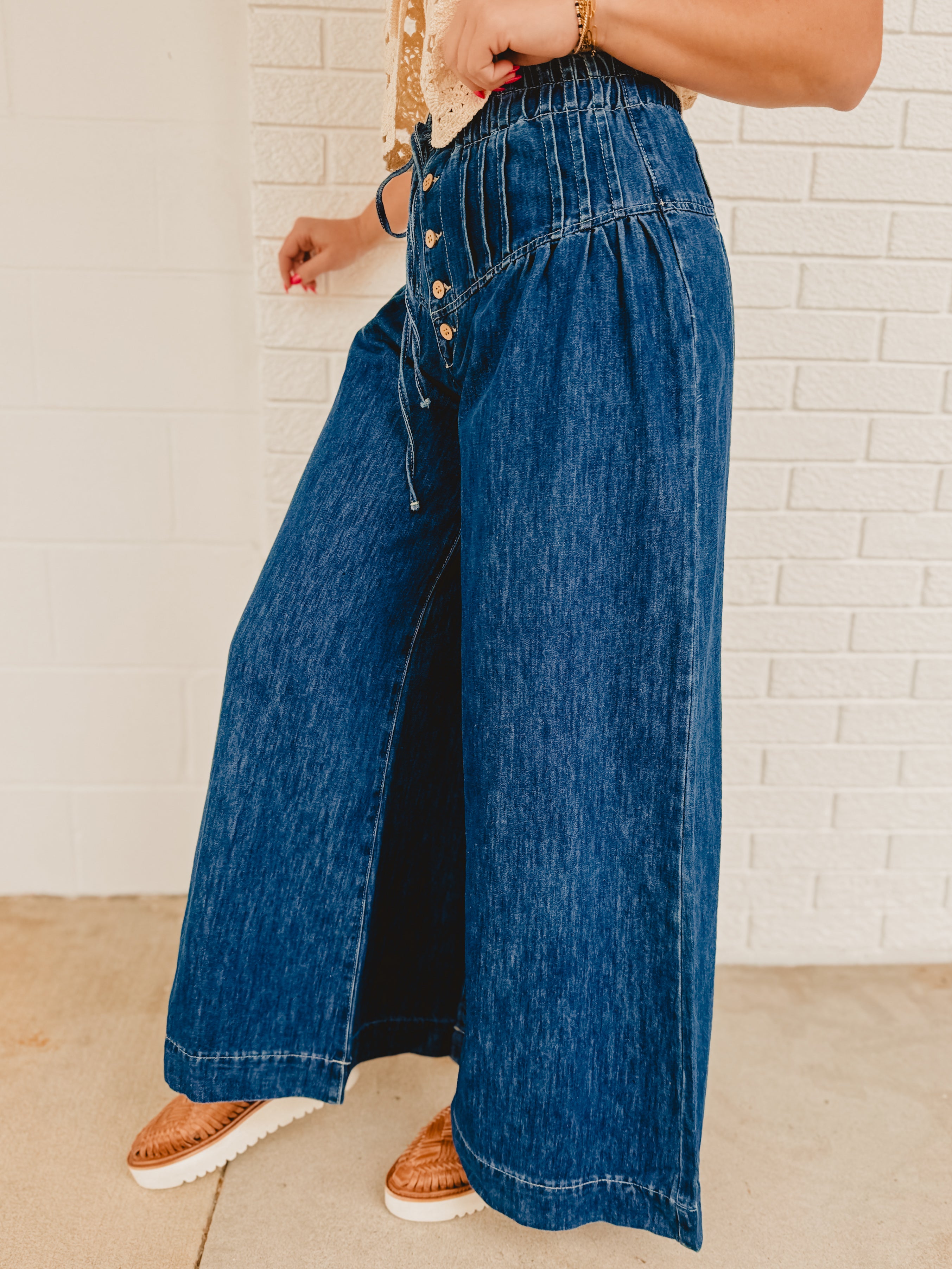Mineral Washed Pintuck Wide Leg Pants - Dark Denim - Lace and Grace Boutique