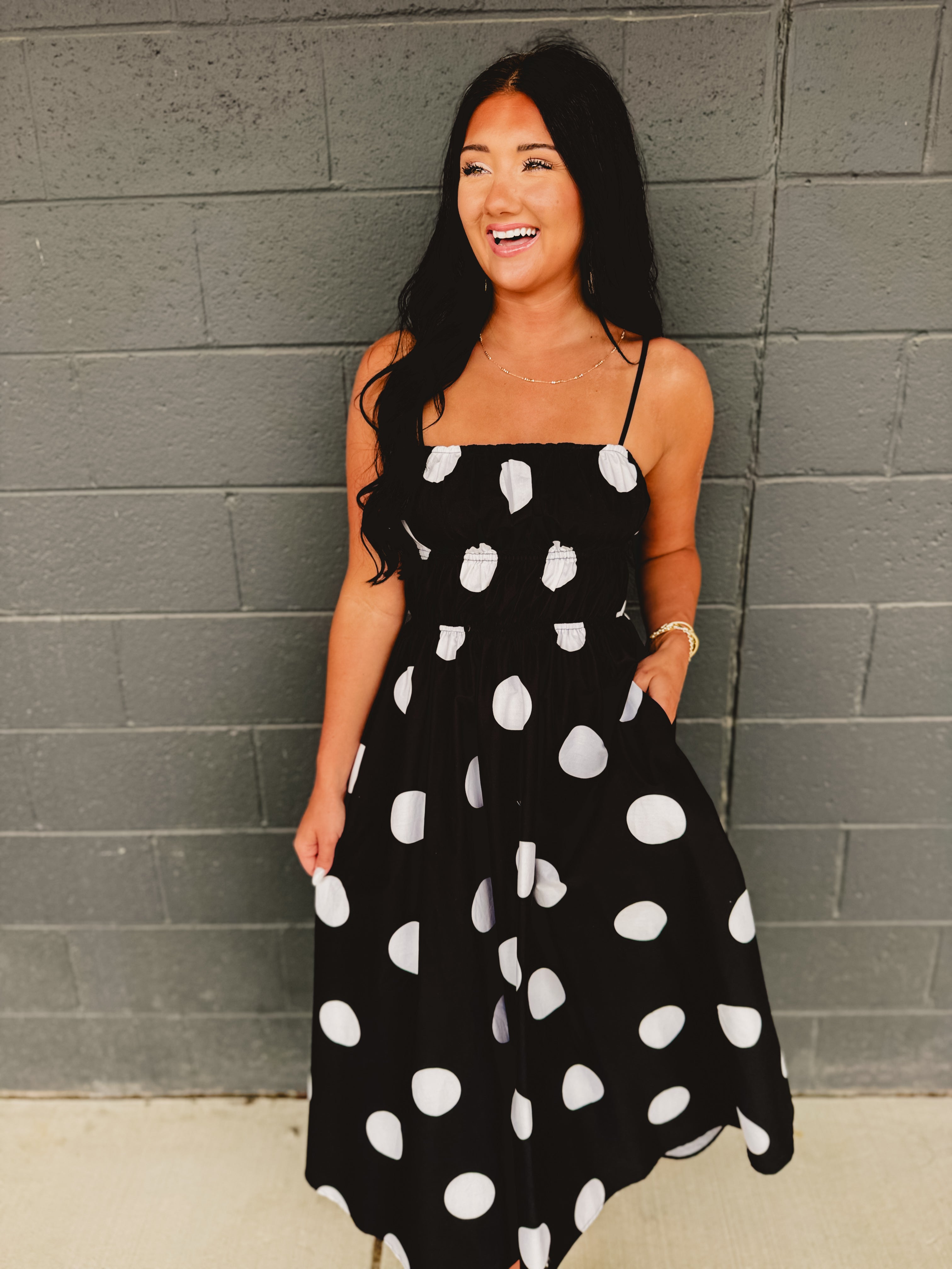 Polka Dot Printed Woven Midi Dress - Black - Lace and Grace Boutique