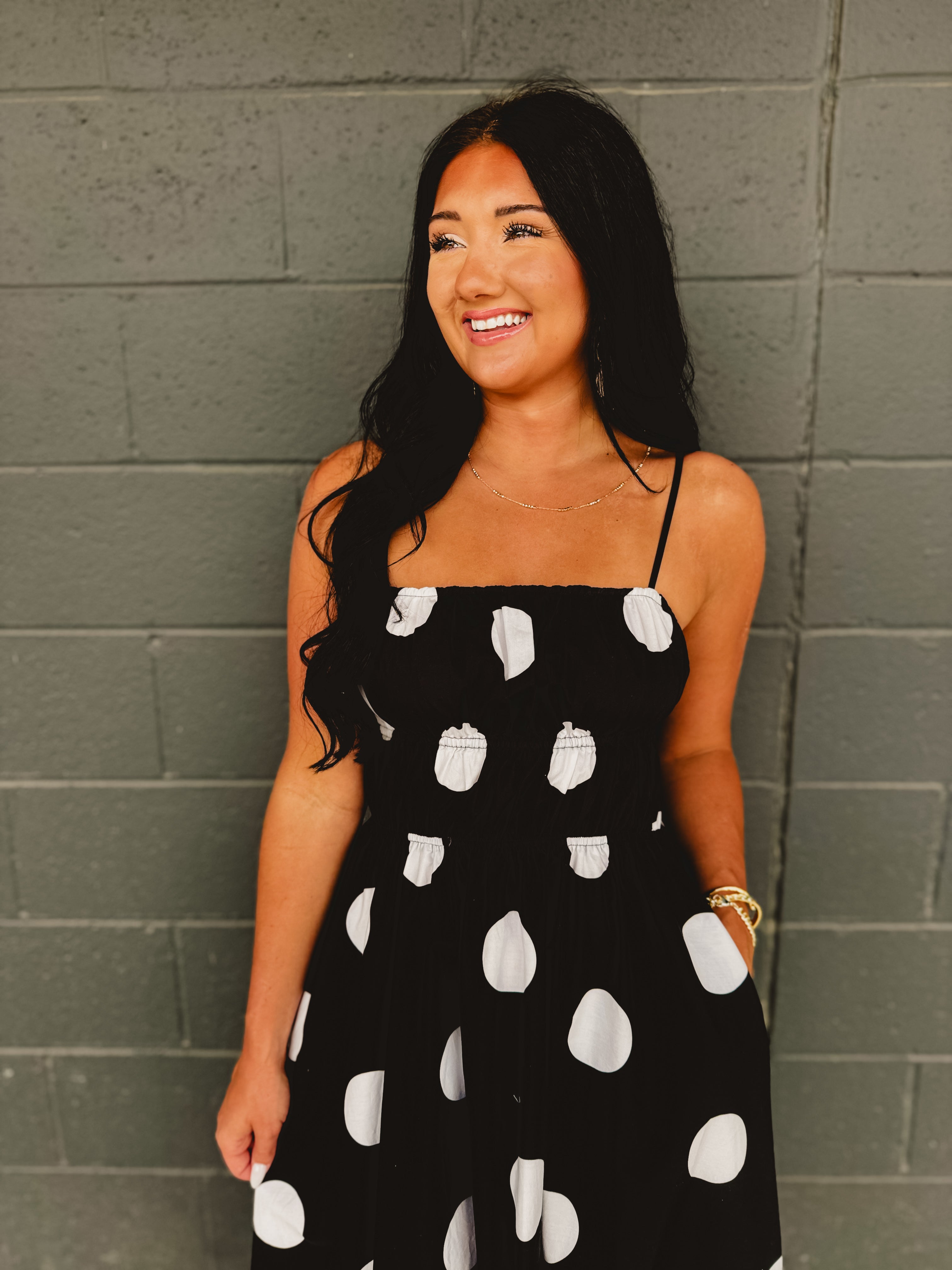 Polka Dot Printed Woven Midi Dress - Black - Lace and Grace Boutique
