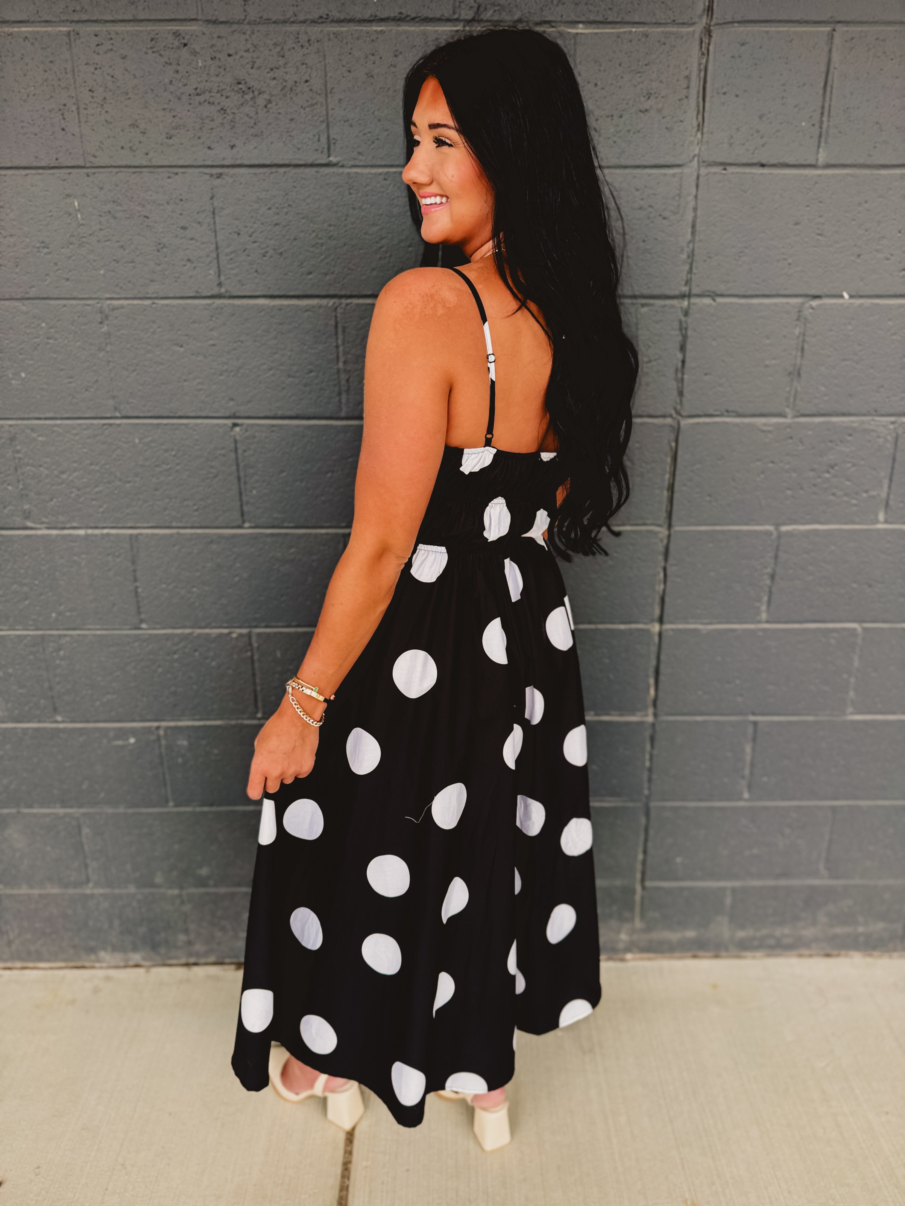 Polka Dot Printed Woven Midi Dress - Black - Lace and Grace Boutique