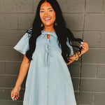 Bow Tie Ribbon Detail Denim Mini Dress - Light Blue - Lace and Grace Boutique