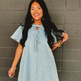 Bow Tie Ribbon Detail Denim Mini Dress - Light Blue - Lace and Grace Boutique