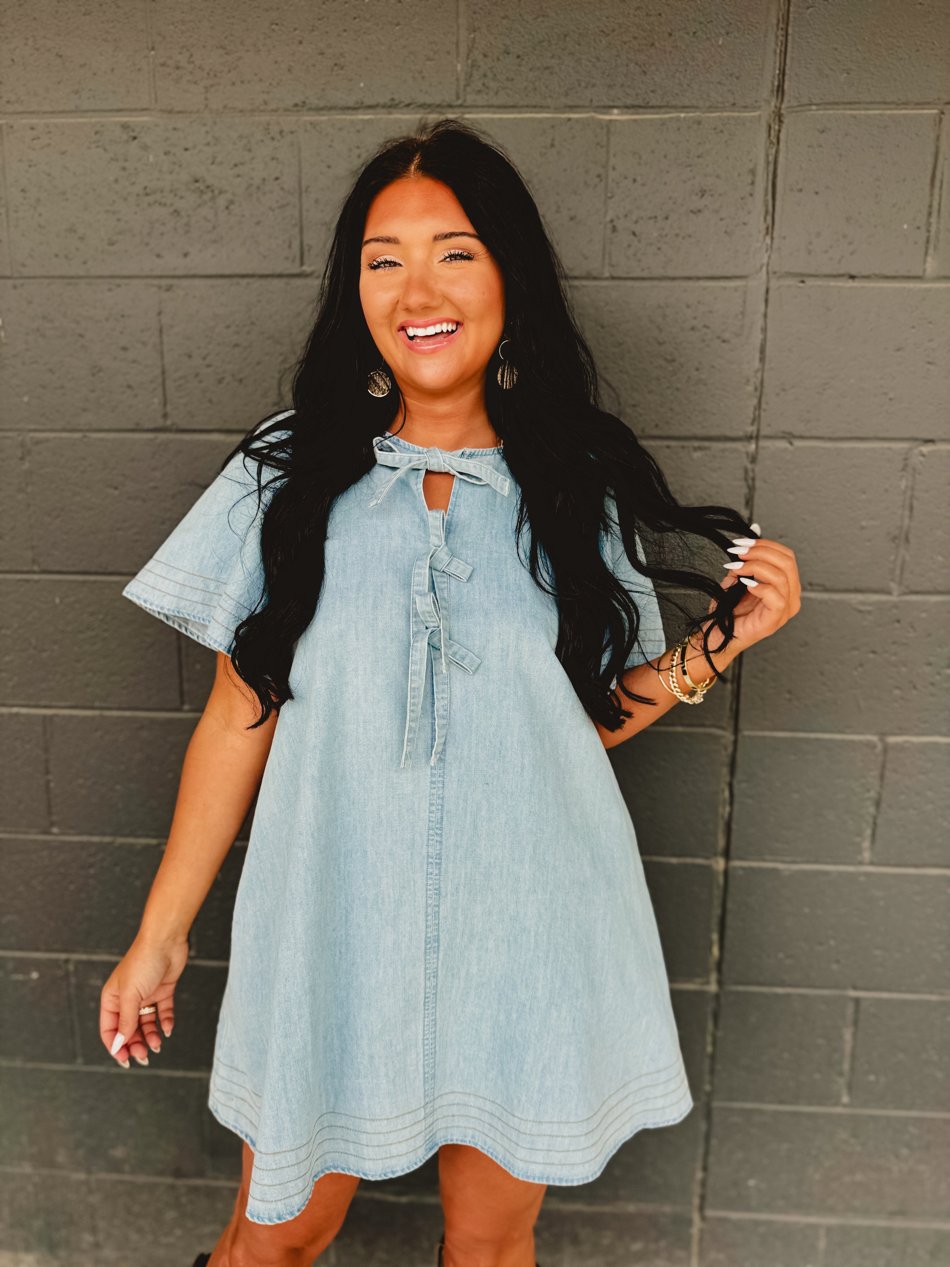 Bow Tie Ribbon Detail Denim Mini Dress - Light Blue - Lace and Grace Boutique