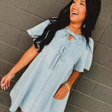 Bow Tie Ribbon Detail Denim Mini Dress - Light Blue - Lace and Grace Boutique