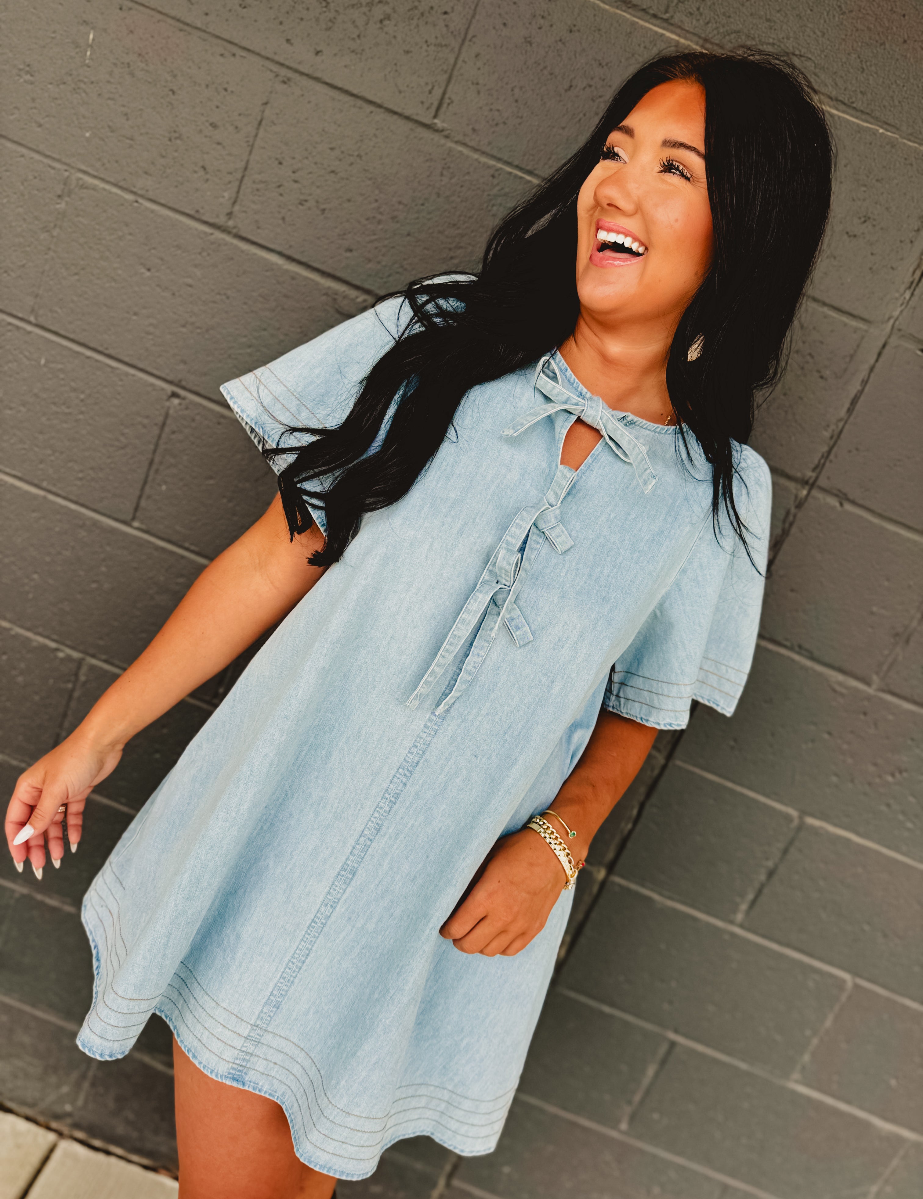 Bow Tie Ribbon Detail Denim Mini Dress - Light Blue - Lace and Grace Boutique
