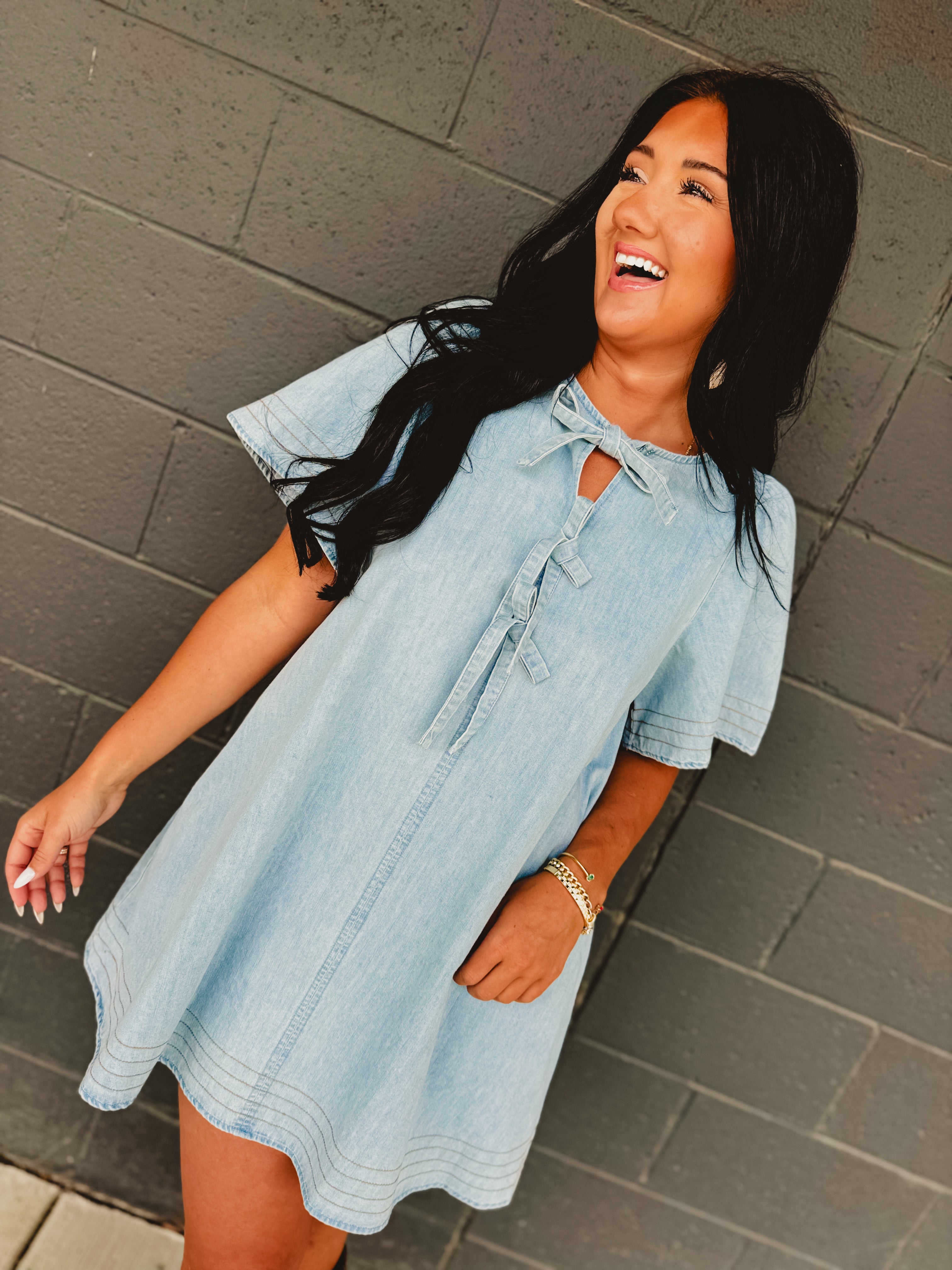 Bow Tie Ribbon Detail Denim Mini Dress - Light Blue - Lace and Grace Boutique