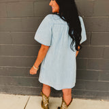 Bow Tie Ribbon Detail Denim Mini Dress - Light Blue - Lace and Grace Boutique